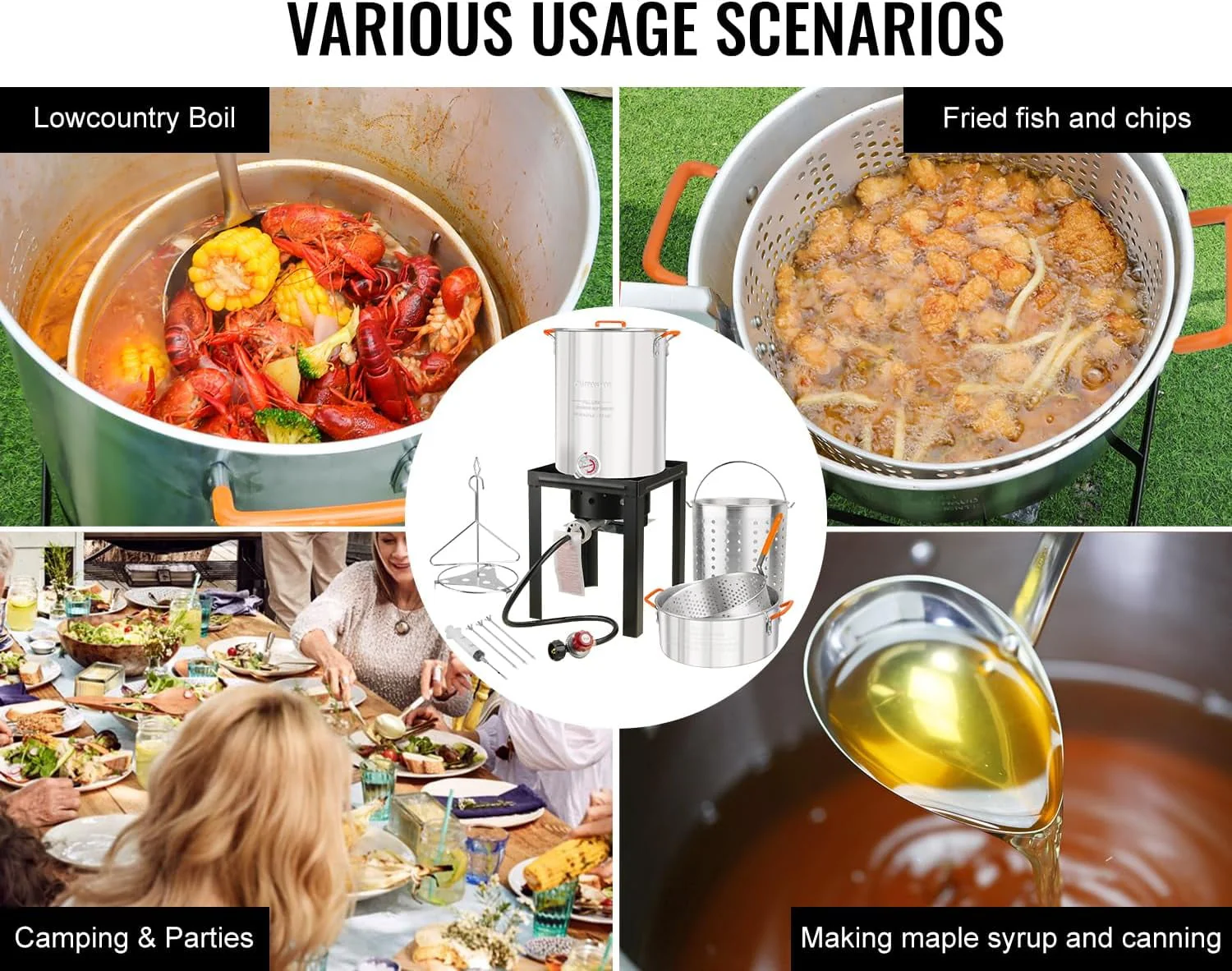 Propane Outdoor Turkey Fryer Set & Crawfish Boil Pot Basket 55,000 BTU Burner 30 & 10 Quart Aluminum Stock Pot & Basket Lid & Ideal for Outdoor Cooking