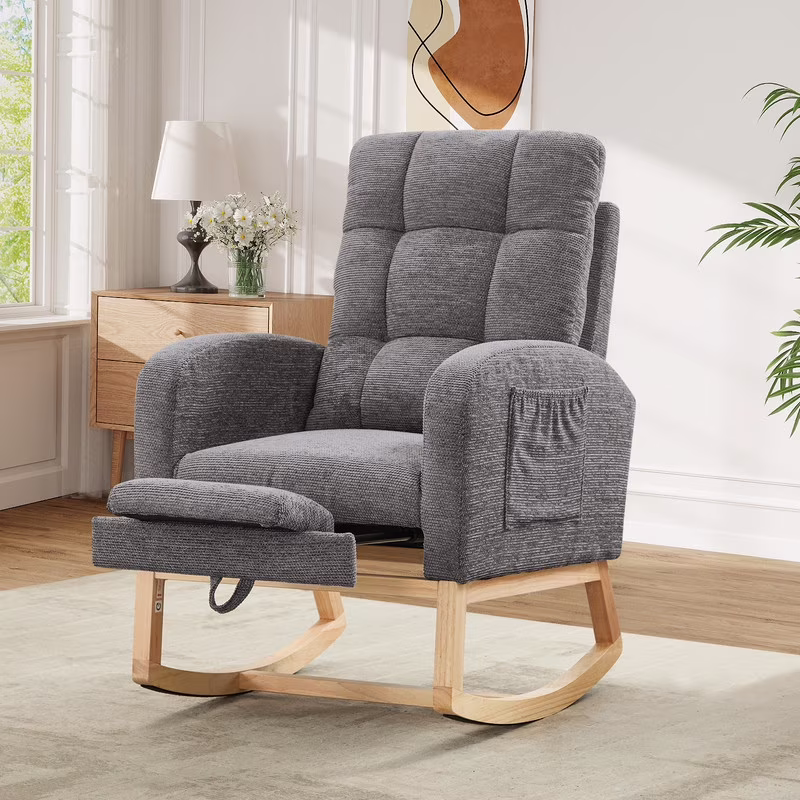 FFH Rocking Chair Nursery, Tufted Accent Rocker Chair, Upholstered Armchair with Adjustable Footrest, Side Pocket, High Backrest, Padded Seat, Polyester Blend (Retro, Dark Gray)