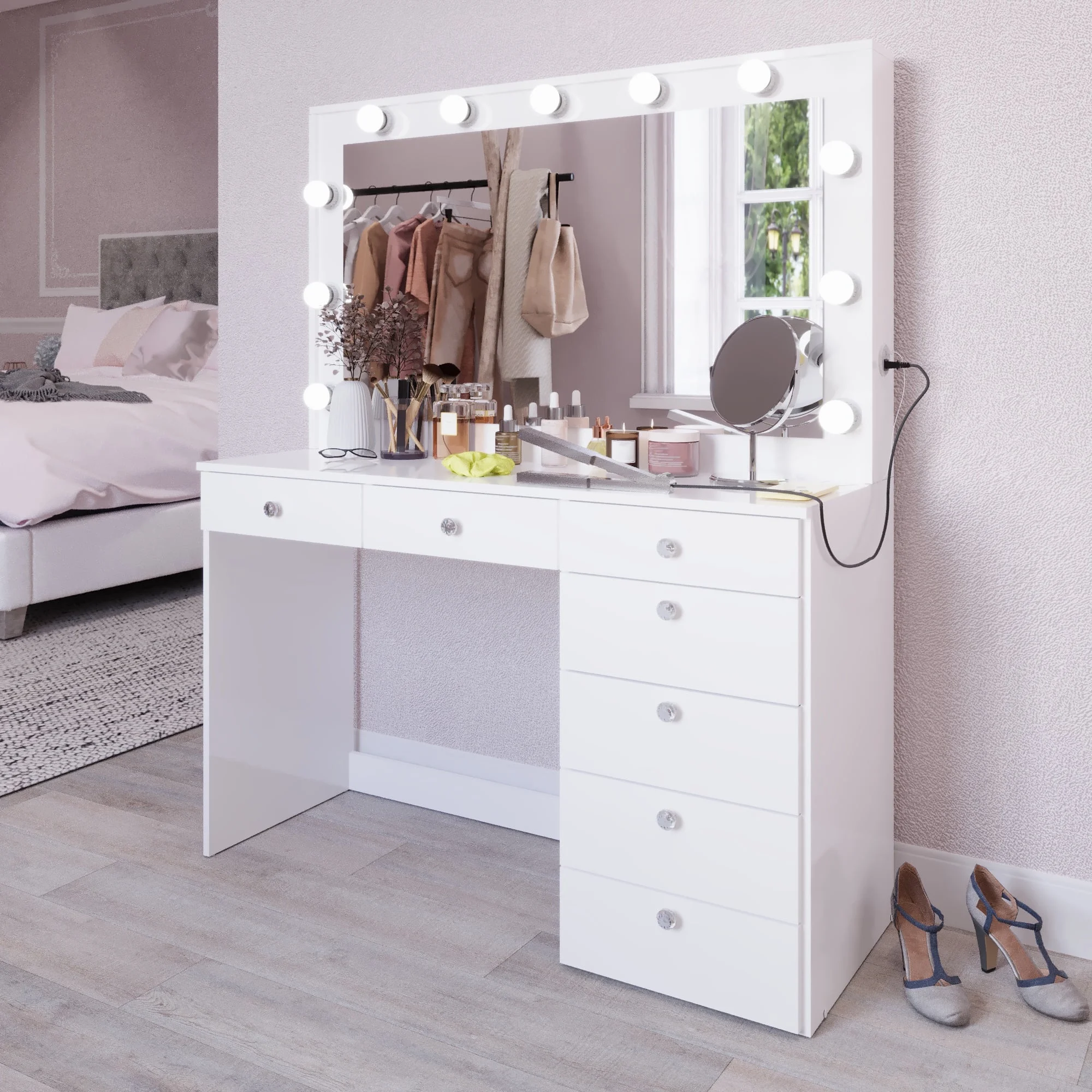 Boahaus GRWM Diana White Makeup Vanity with 7 Drawers, Mirror, Lights & Charging Station