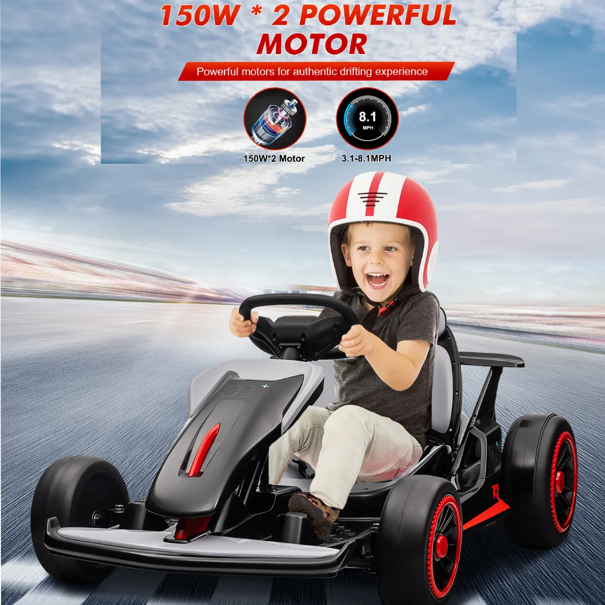 24V  Drift Kart with 2X150W Strong Motor, 7AH Big Battery, Electric Pedals, Electric Go Kart Outdoor Race Toy