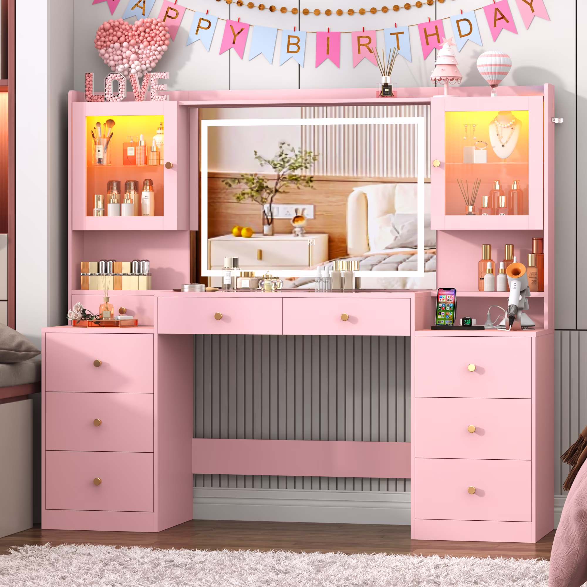 ChVans 62'' Large Vanity Desk with Tempered Glass Top, 60000-color LED Lights, Charging Station, White Makeup Vanity with 3 Lights Mode LED Mirror, 9 Drawers, 2 RGB cabinets for Women, Girls Gift