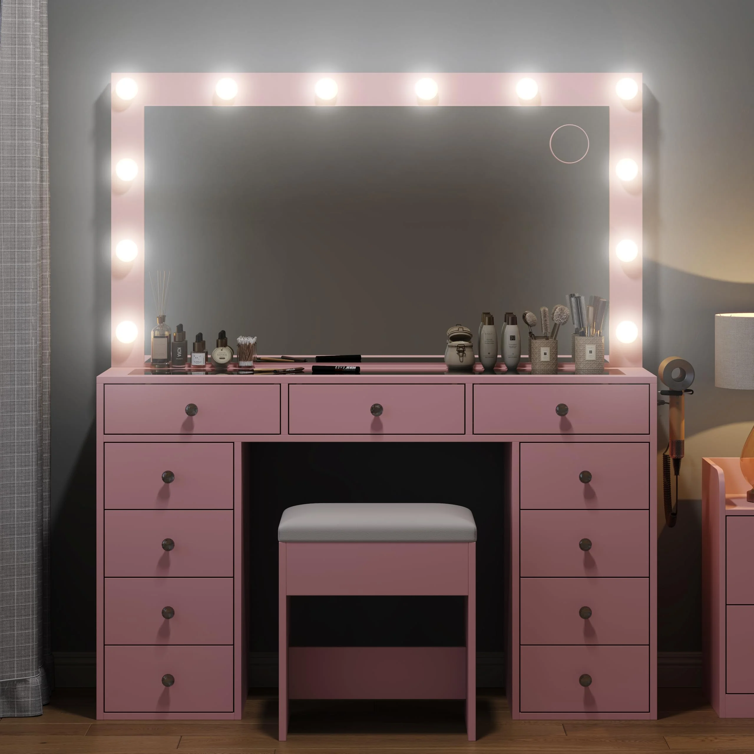 White Vanity Desk with Illuminated Mirror & Power Outlet, 11 Drawers Vanity Table with Chair, Makeup Vanity with 12 LED Lights, Tempered Glass Top, Dressing Table for Bedroom,Dressing Room