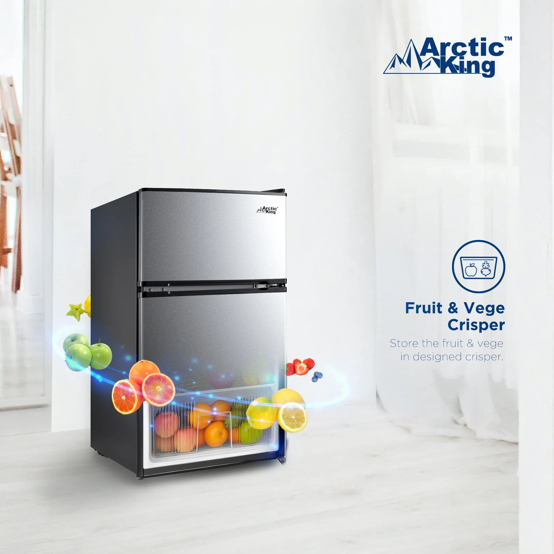 Arctic King 3.2 Cu ft Two Door Mini Fridge with Freezer, Stainless Steel, E-Star, ARM32D5ASL