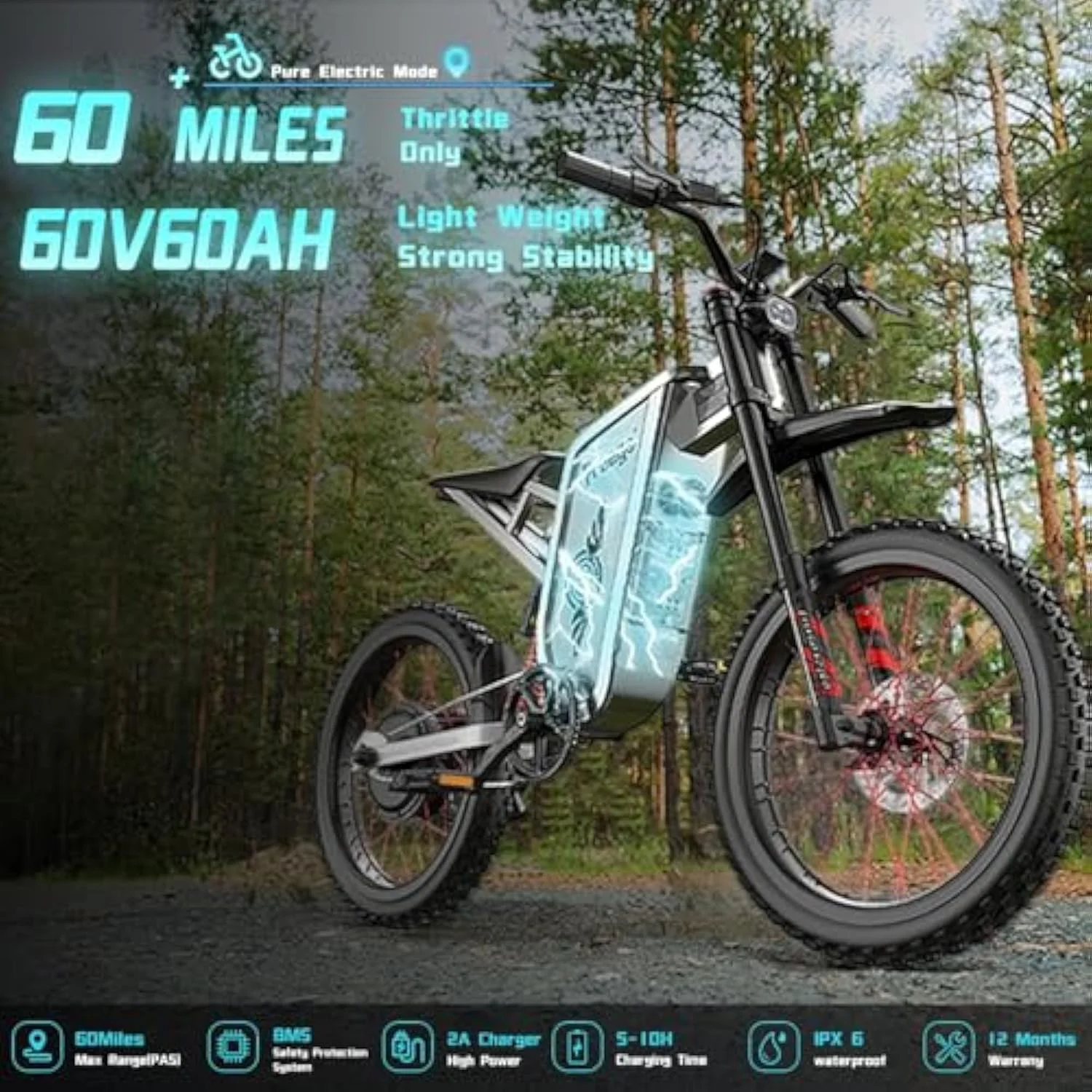 Freego X2PRO Electric Dirt Bike for Adults, Electric Motorcycle 6000W(Peak) Motor 60V 30Ah Battery, 7 Speed 28MPH Off Road Electric Bicycle, 19x2.75 Tire Full Suspension, Grey