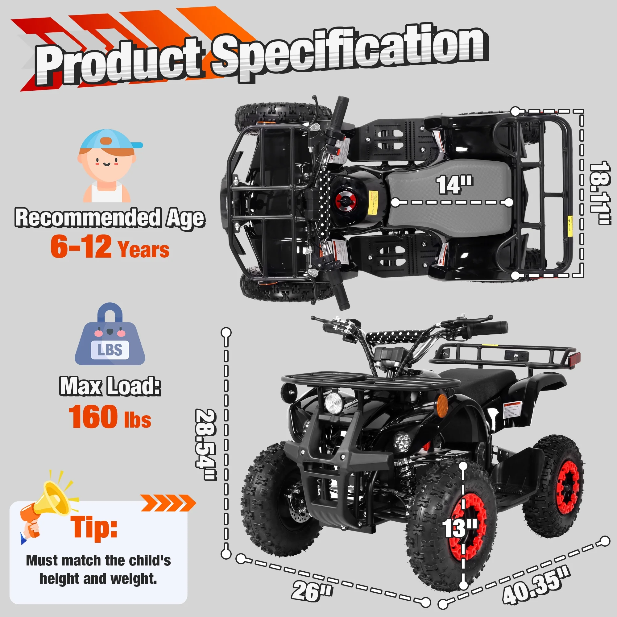 ATV for Kids, 36 Volt Ride on Toys, 500w Motor Quad Bike for Big Kids, Power Car Wheel with Metal Frame, Speed Control, Suspension, Black