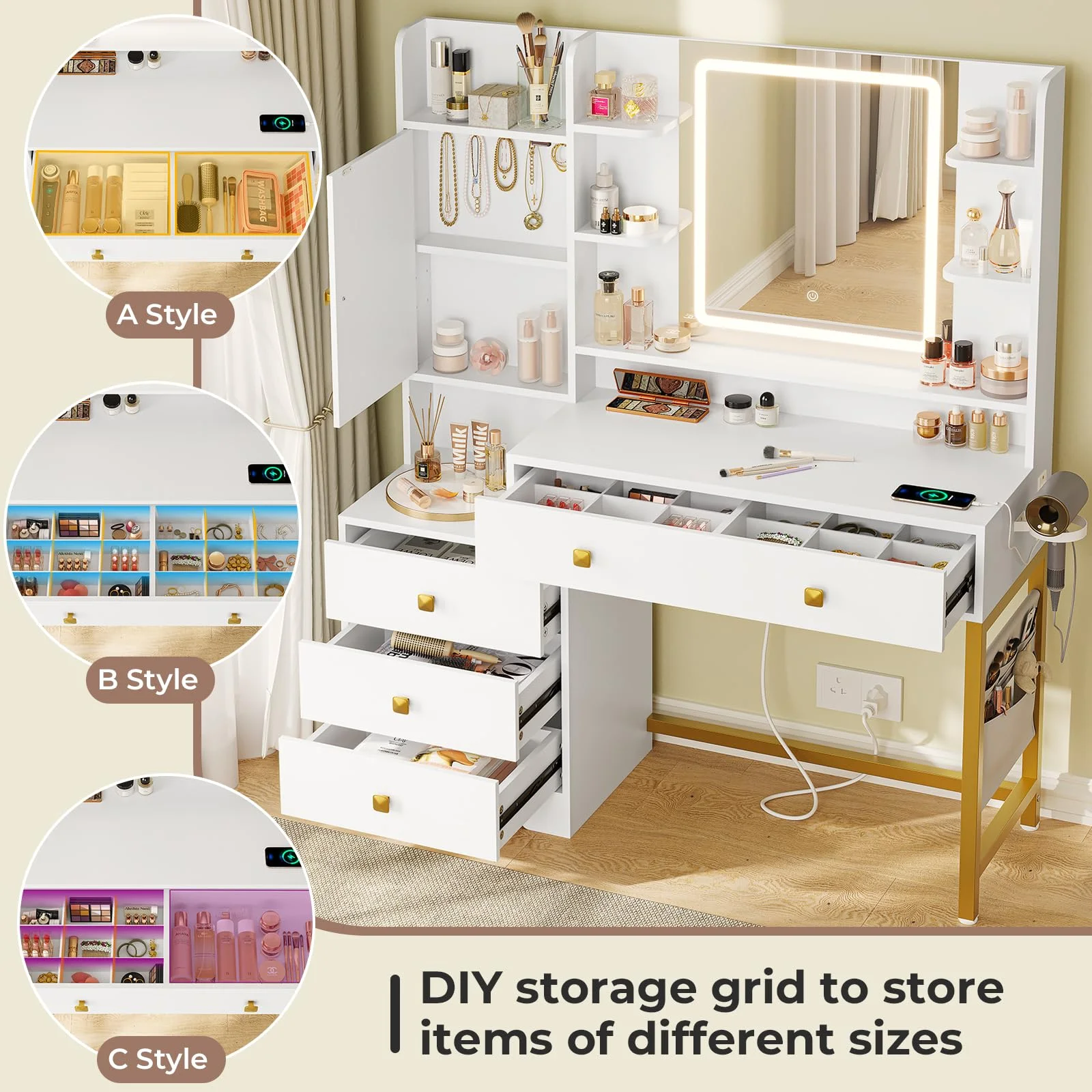 Makeup Vanity Desk with Lighted Mirror & Charging Stations & 6 Drawers Large Vanity Table Bedroom Dressing Table with Glass Tabletop&Side Cabinet&Glass Tabletop, Black