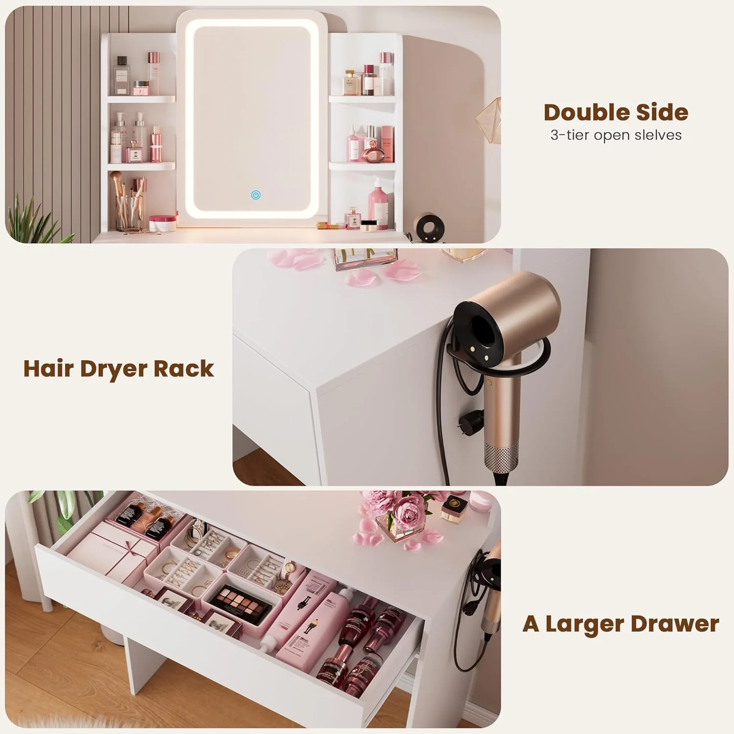 Vanity Table Set with Mirrors and Adjustable Lights ,Makeup vanity With Power Outlet for Bedroom Dressing Room,White