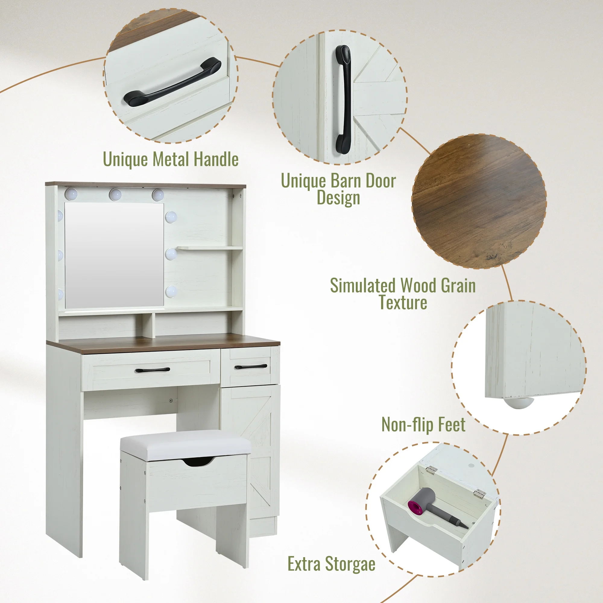 Alvantor Vanity Set Farmhouse Makeup Desk with Mirror and Lights, Adjustable Dressing Table with Stool White