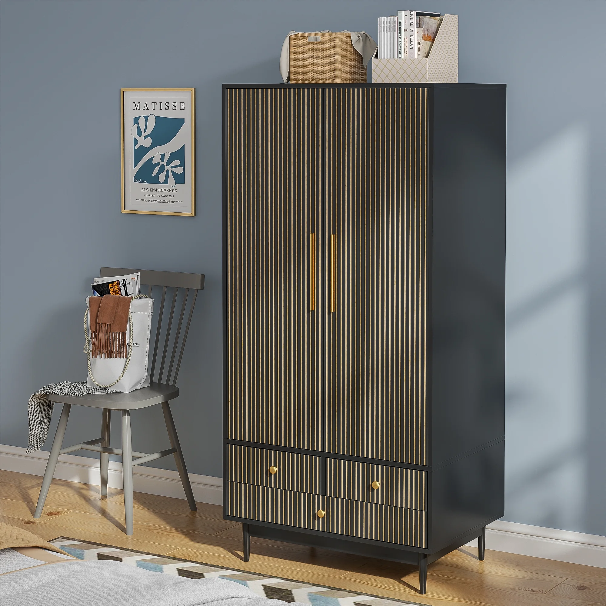 Armoire Wardrobe Closet, Closet Wardrobe Cabinet with Drawers and Hanging Rail for Bedroom, White