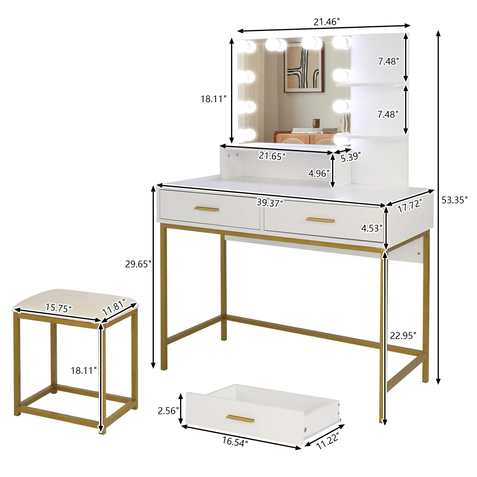 Ktaxon Lighted Makeup Vanity, White Vanity Table Set with 2 Drawer and Charging Station, Femal Gift
