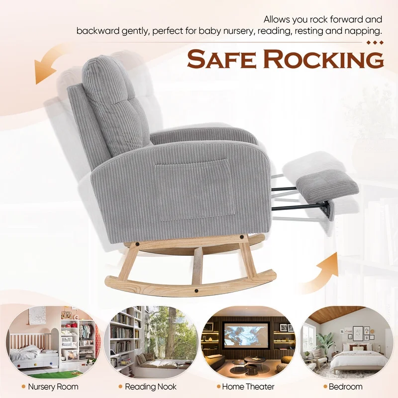 FFH Rocking Chair Nursery, Tufted Accent Rocker Chair, Upholstered Armchair with Adjustable Footrest, Side Pocket, High Backrest, Padded Seat, Polyester Blend (Retro, Dark Gray)