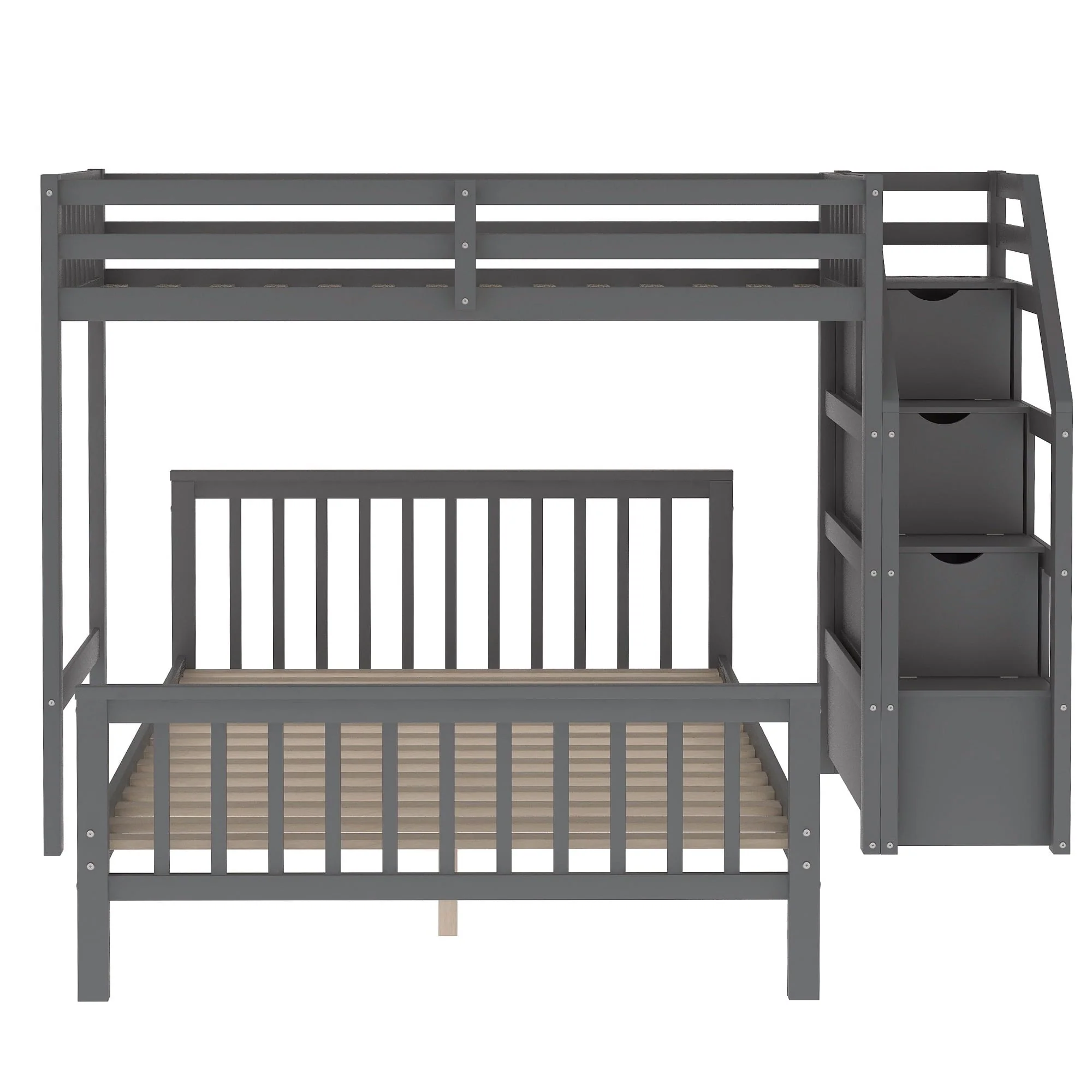 Euroco Wood Stairway Twin Loft Bed with Full Platform and Drawer