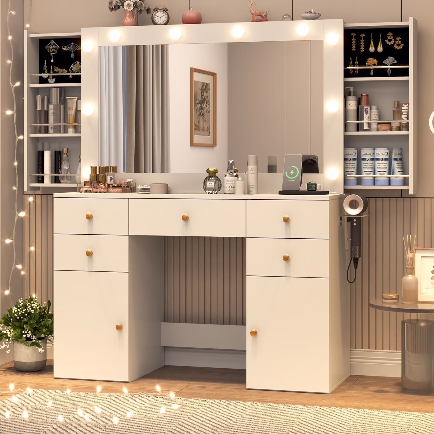 White Vanity Desk with Large Lighted Mirror & Power Outlet, Makeup Vanity Table with Glass Top & Drawers, Sliding Storage, 44.1