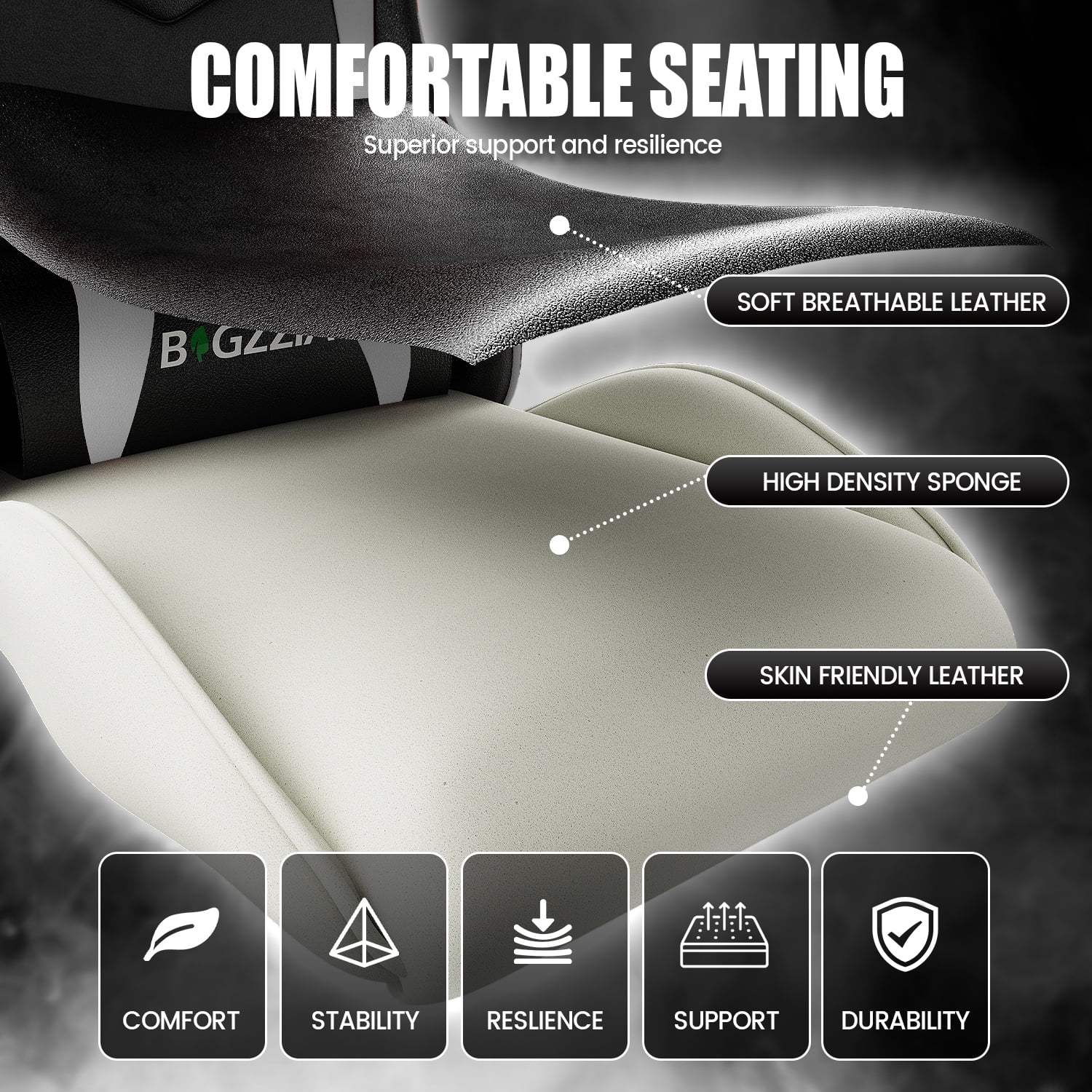 Bigzzia Gaming Chair Office Chair, Ergonomic Game Chair with Height Adjustable Headrest and Lumbar Support for Adults Teens, Black & White