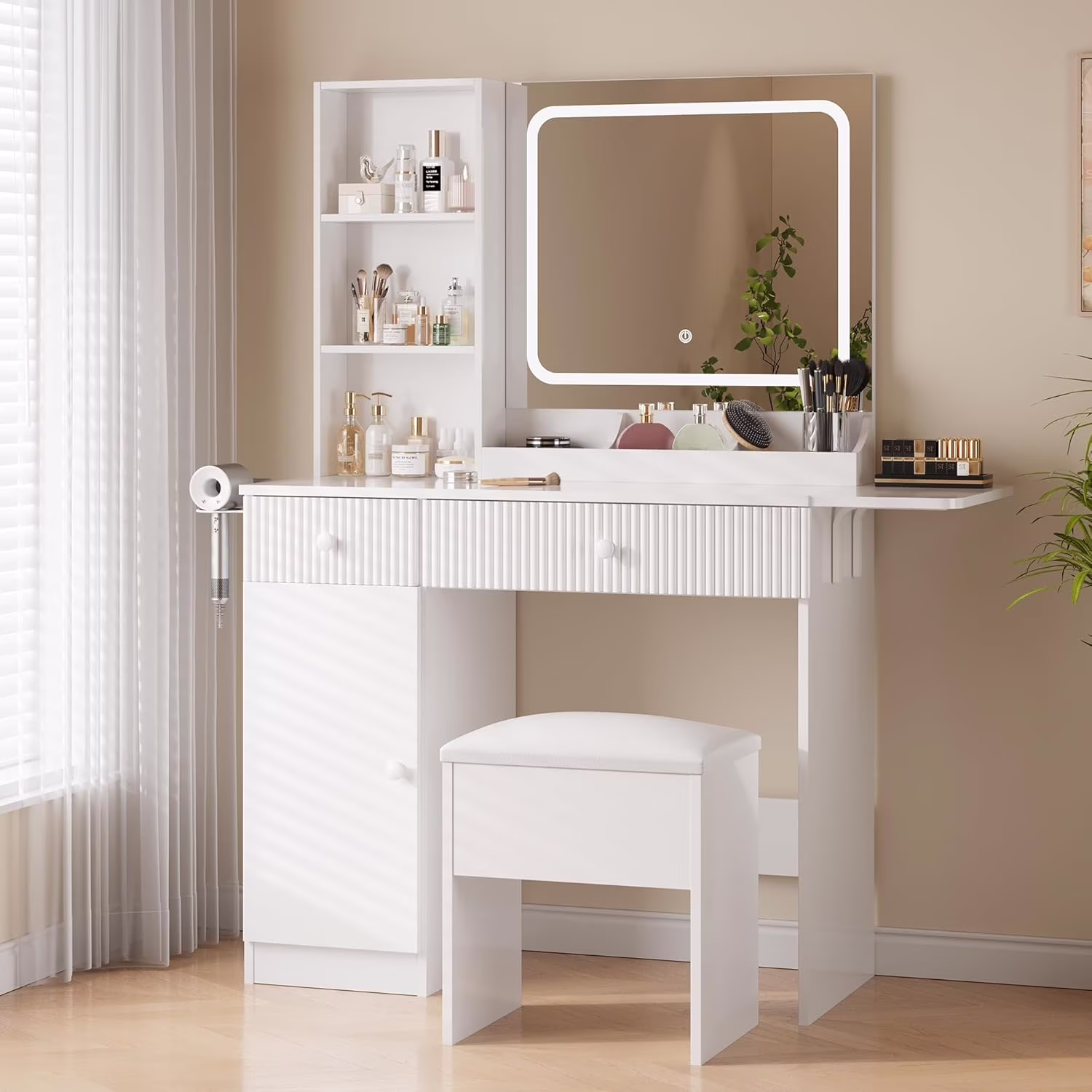 M optimized Vanity Desk with Mirror and Lights, Power Outlets Makeup Table with Drawers & Cabinet, Storage Stool, Dressing Table for Bedroom