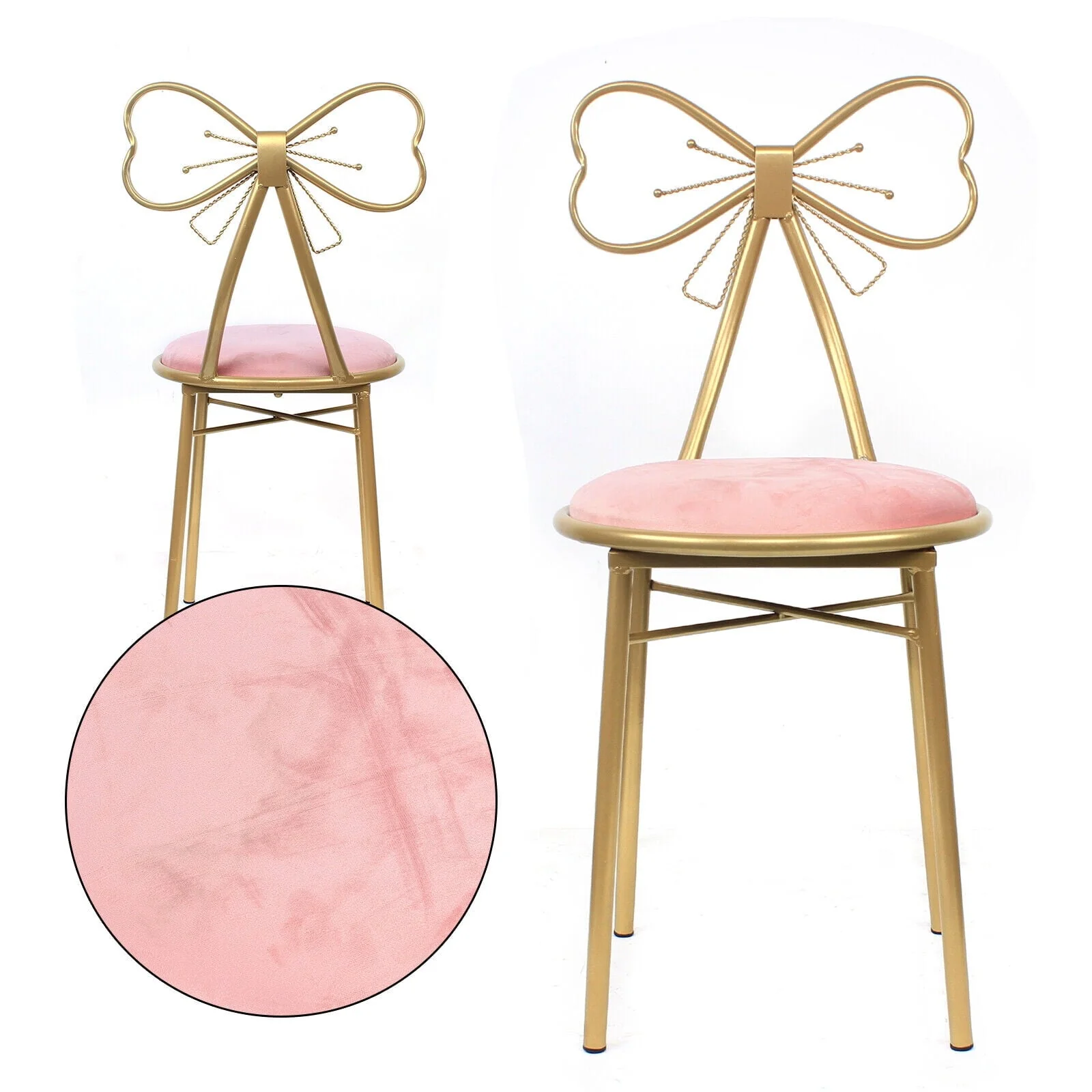 Vanity Stools, Metal Pink and Gold Bow Tie Makeup Dressing Stool Chair for Dressing Room Bedroom