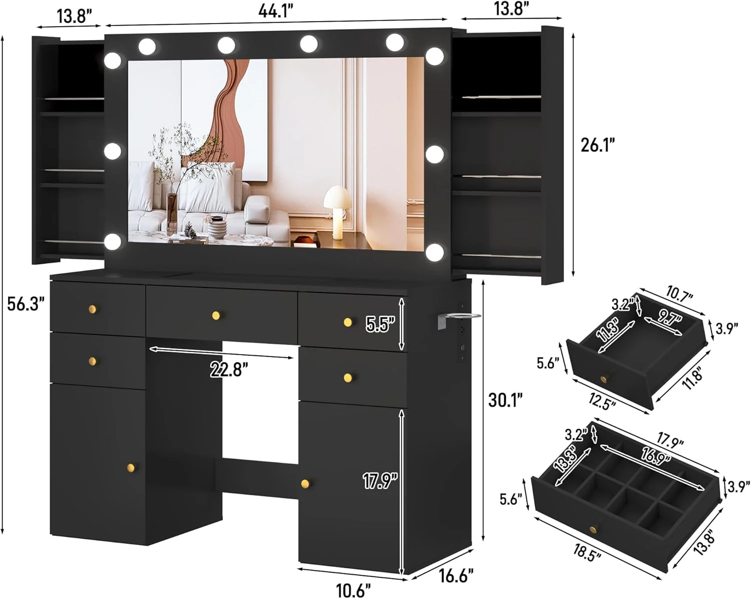 White Vanity Desk with Large Lighted Mirror & Power Outlet, Makeup Vanity Table with Glass Top & Drawers, Sliding Storage, 44.1