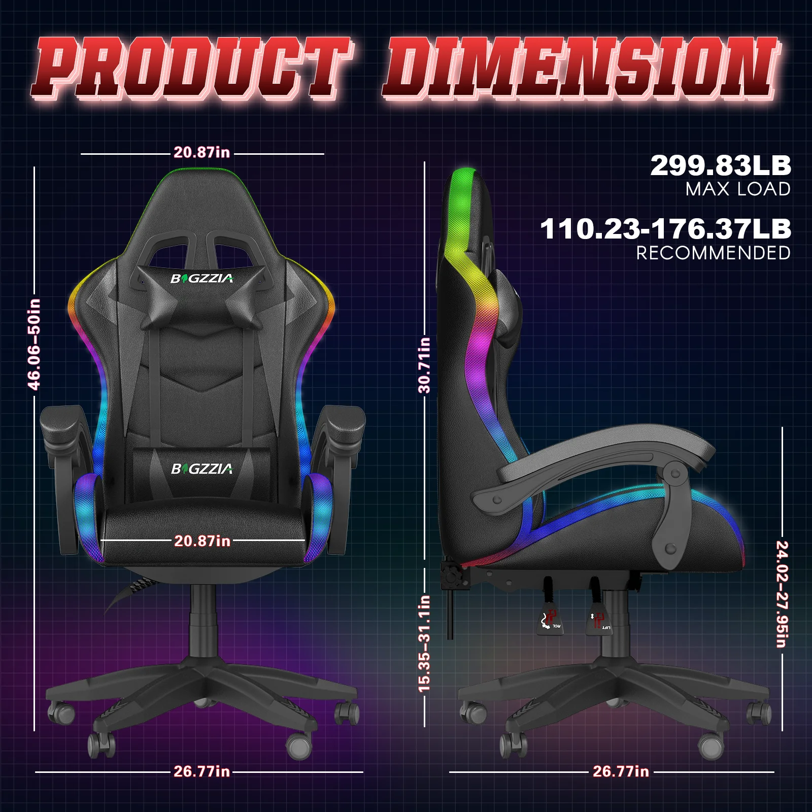 Bigzzia Gaming Chair with LED Lights Ergonomic Office Chair for Adults and Kids - Adjustable Height, 360�� Swivel, Headrest Support, Mesh PU Leather, Black & Green