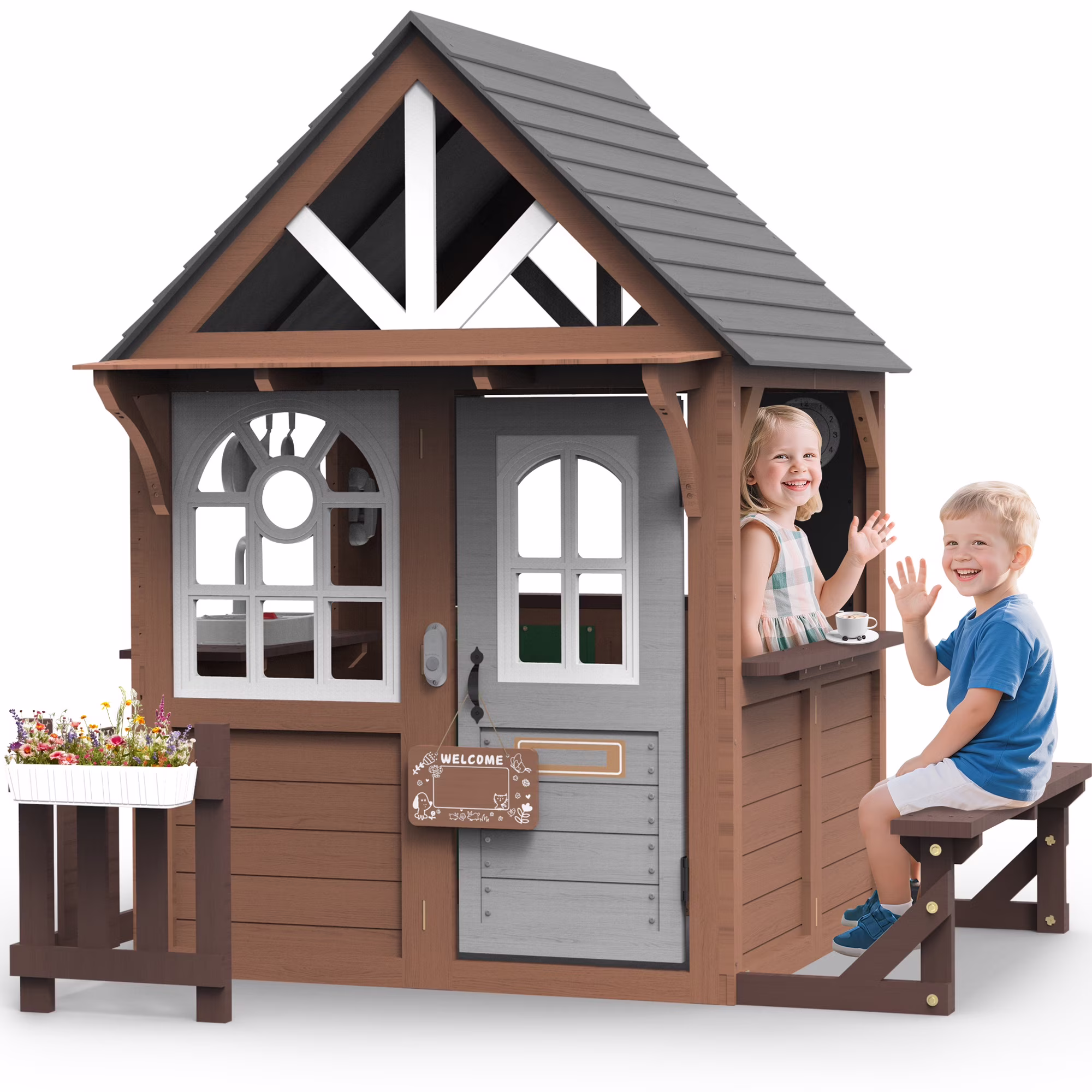 COCLUB Outdoor Playhouse, Wooden Playhouse for Kids Toddlers, Large Kids Playhouse with Bench/Fence/Kitchen/Door Nameplate/Pretend Phone, Girls Boys Outdoor Toy Gift for Ages 3+, (62.99