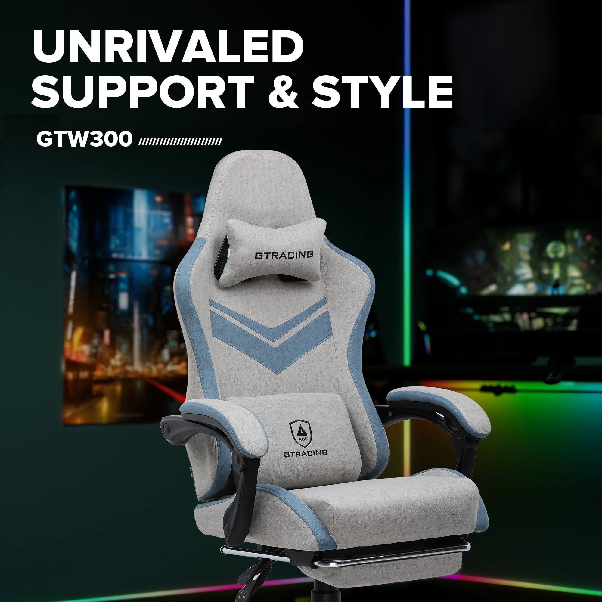 GTRACING Ergonimic Fabric Reclining Gaming Chair with Footrest and Linkage Armrests, Gray