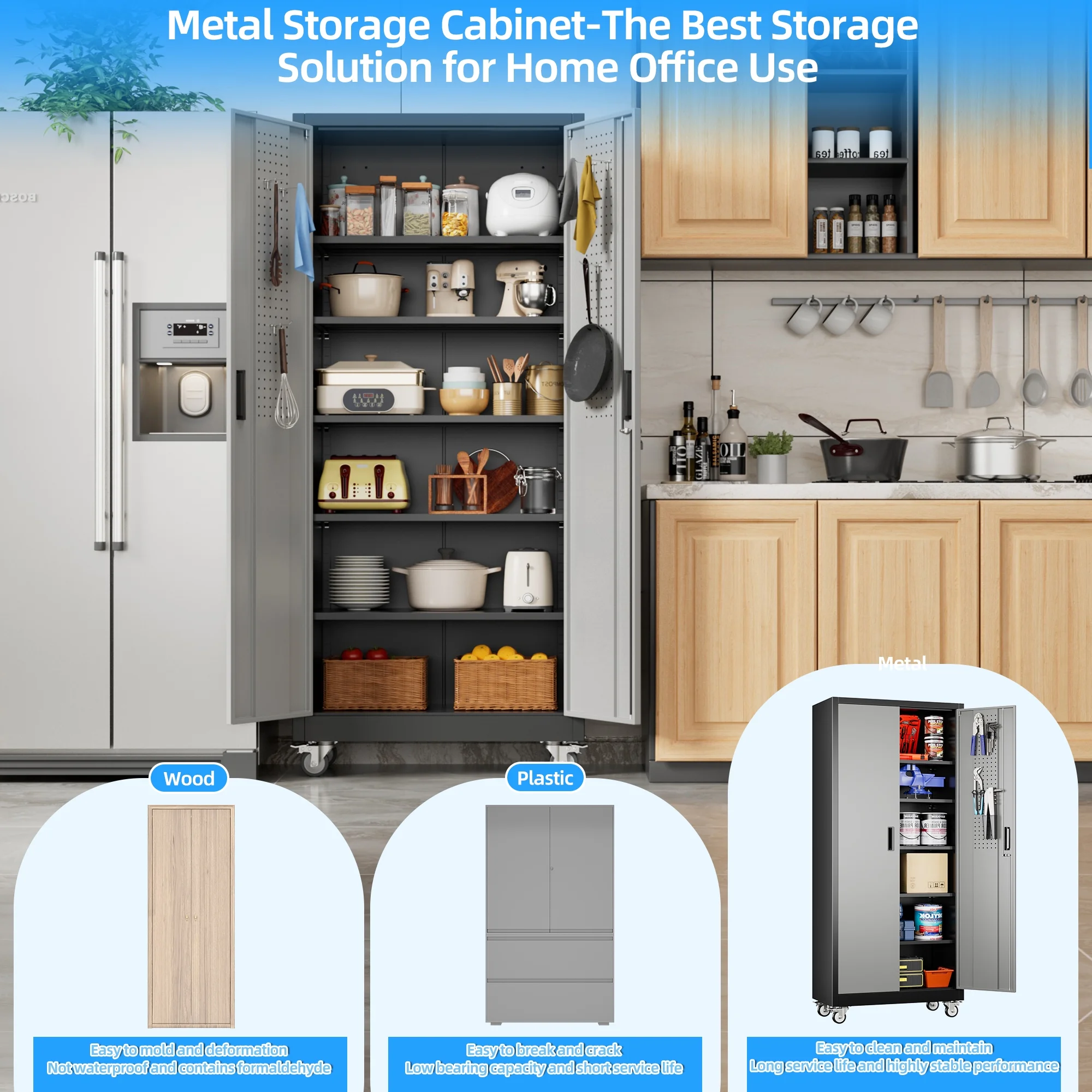 SUPEER Metal Rolling Storage Cabinets with Locking Doors and 5 Adjustable Shelves, Steel Garage Storage Cabinet for Garage, Office, Classroom, Assemble Required(Black)