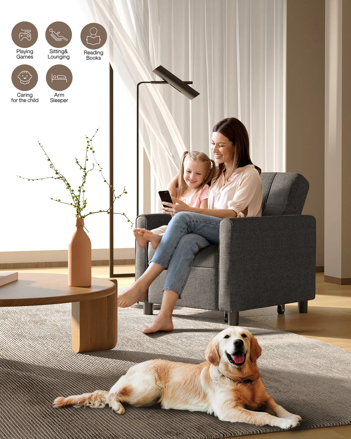 Lofka Chair Bed, Convertible Sofa Bed Couch Recliner Single Bed for Living Room/Office/Bedroom, Light Gray