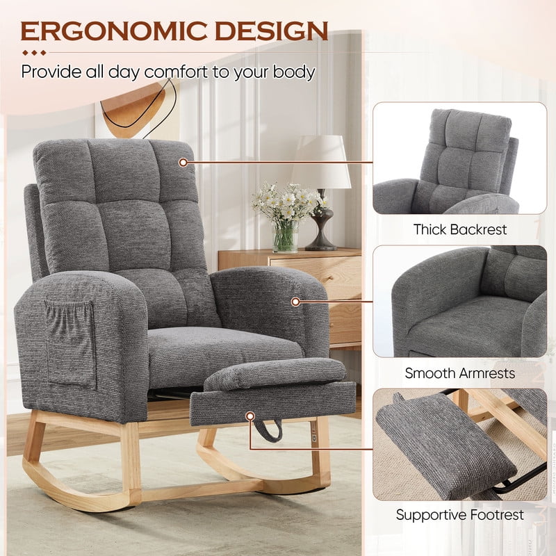 FFH Rocking Chair Nursery, Tufted Accent Rocker Chair, Upholstered Armchair with Adjustable Footrest, Side Pocket, High Backrest, Padded Seat, Polyester Blend (Retro, Dark Gray)