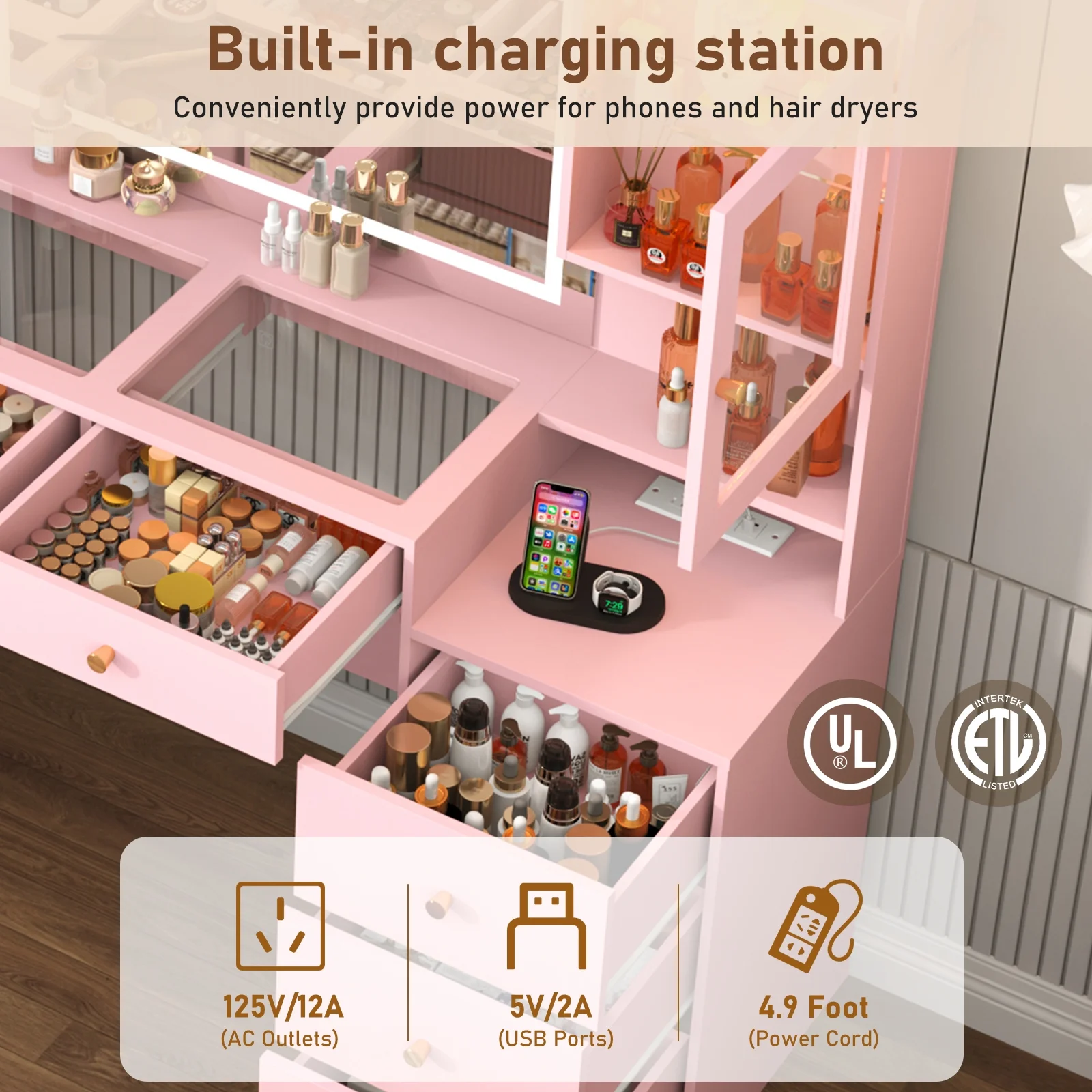 ChVans 62'' Large Vanity Desk with Tempered Glass Top, 60000-color LED Lights, Charging Station, White Makeup Vanity with 3 Lights Mode LED Mirror, 9 Drawers, 2 RGB cabinets for Women, Girls Gift