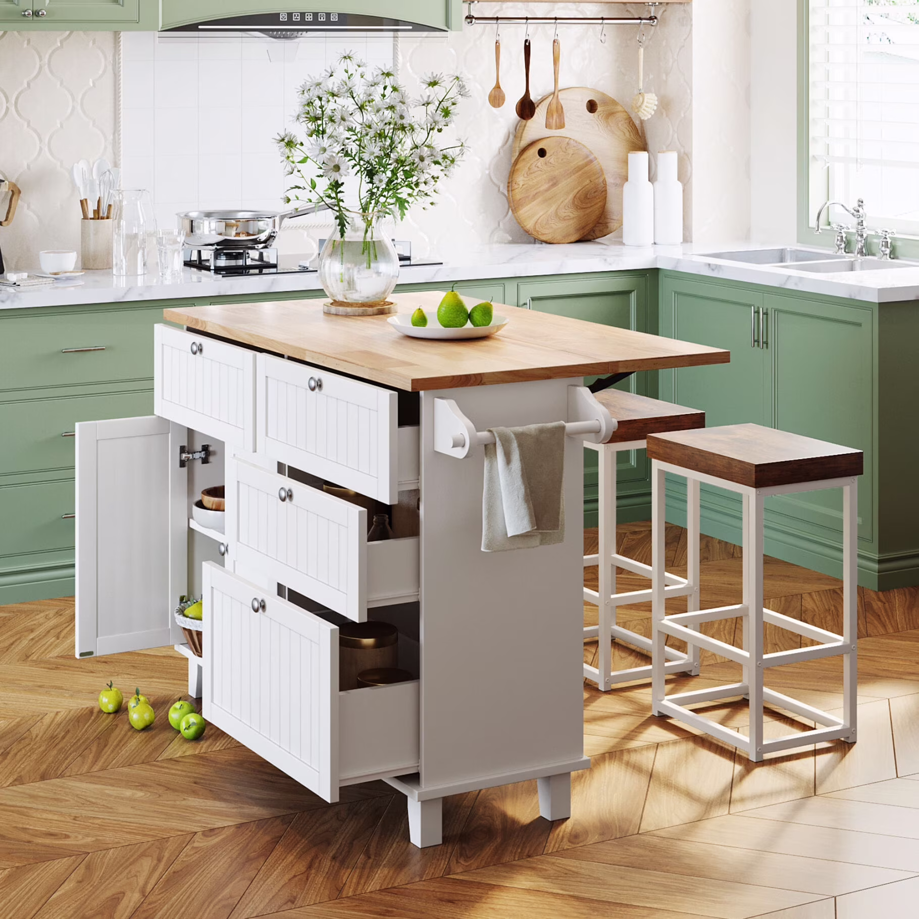 Kitchen Island with Storage, Portable Kitchen Island on Wheels with Drop-Leaf and 2 Stools, Built-in 4 Drawers and Towel Rack, Rolling Kitchen Island Cart for Home, Kitchen and Dining Room, White