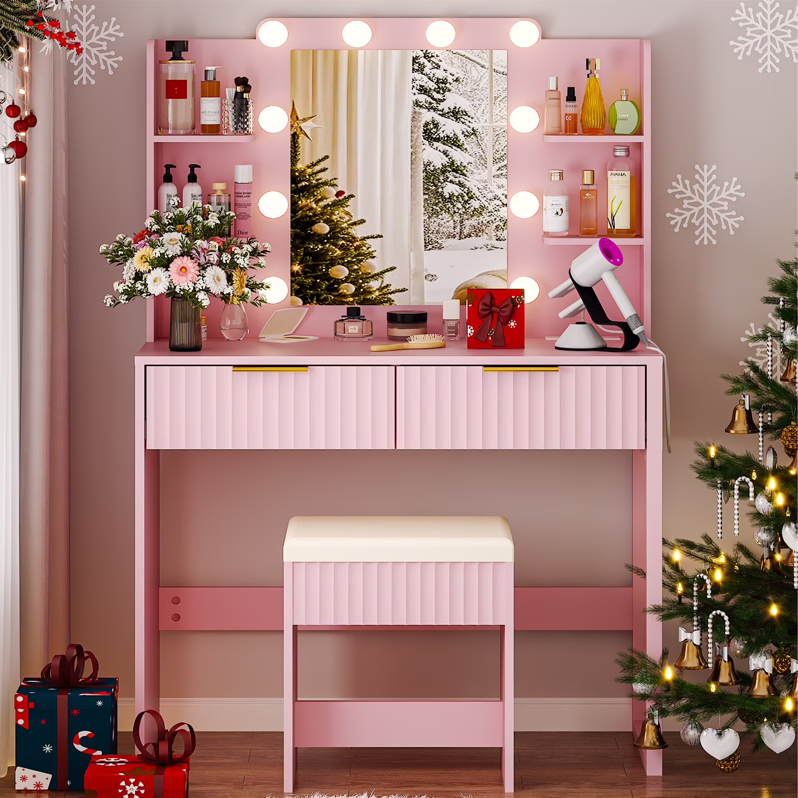 Ktaxon Lighted Makeup Vanity, White Vanity Table Set with 2 Drawer and Charging Station, Femal Gift