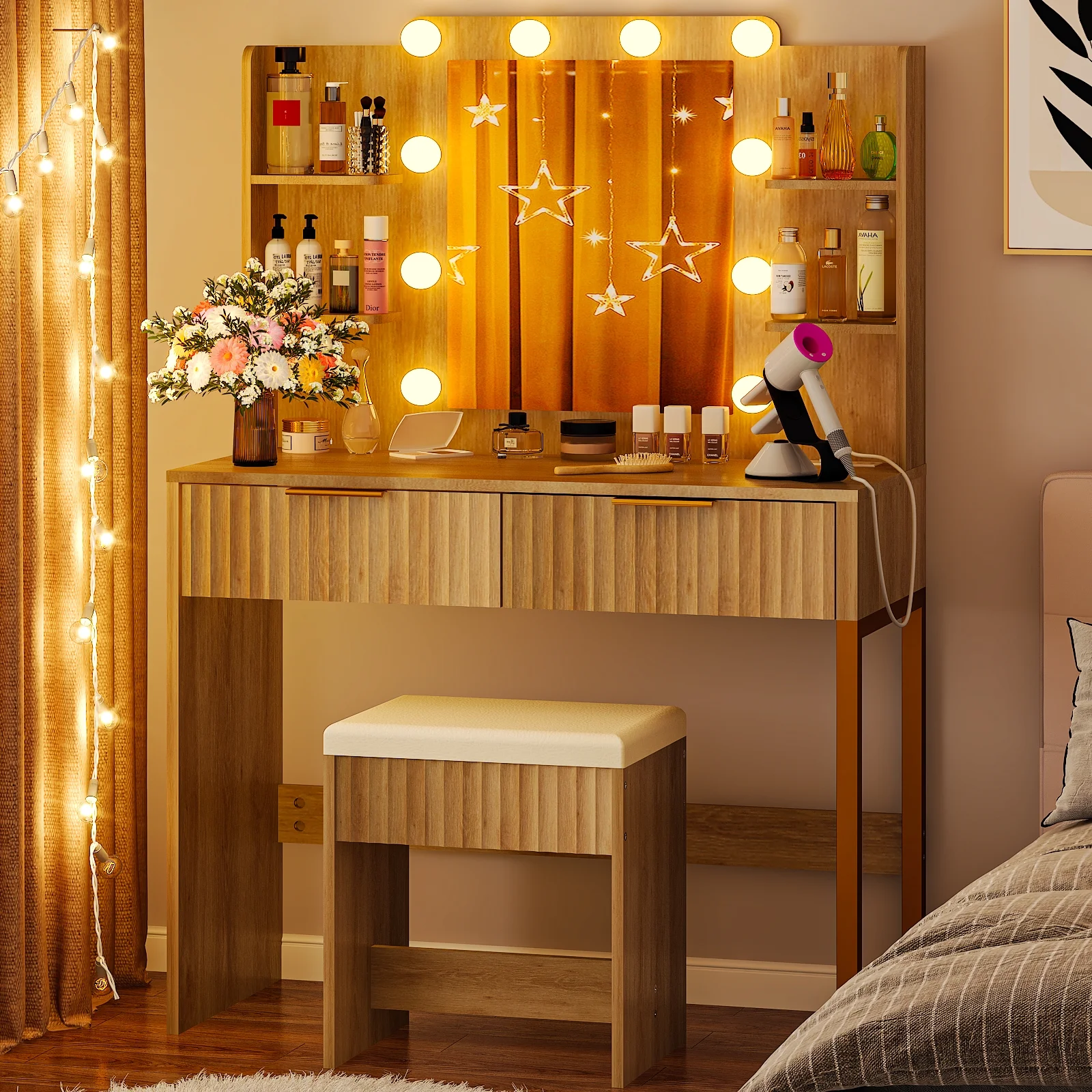 Ktaxon Lighted Makeup Vanity, White Vanity Table Set with 2 Drawer and Charging Station, Femal Gift