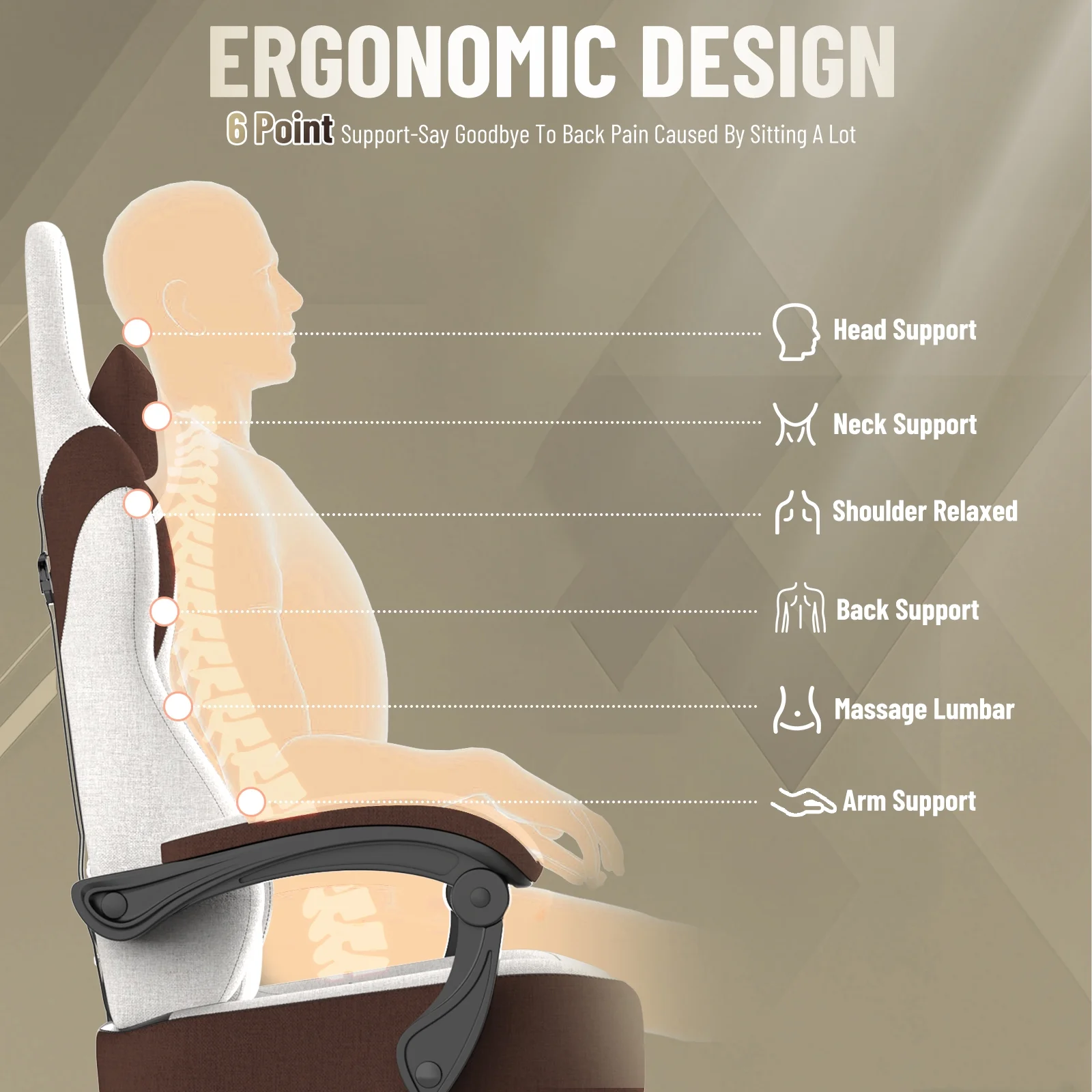 SOONTRANS Gaming Chair for Adults, Ergonomic Linen Fabric Computer Chair with Massage Lumbar Pillow, Gamer Game Chair with Adjustable Headrest, Comfortable Office Chair for Home, White