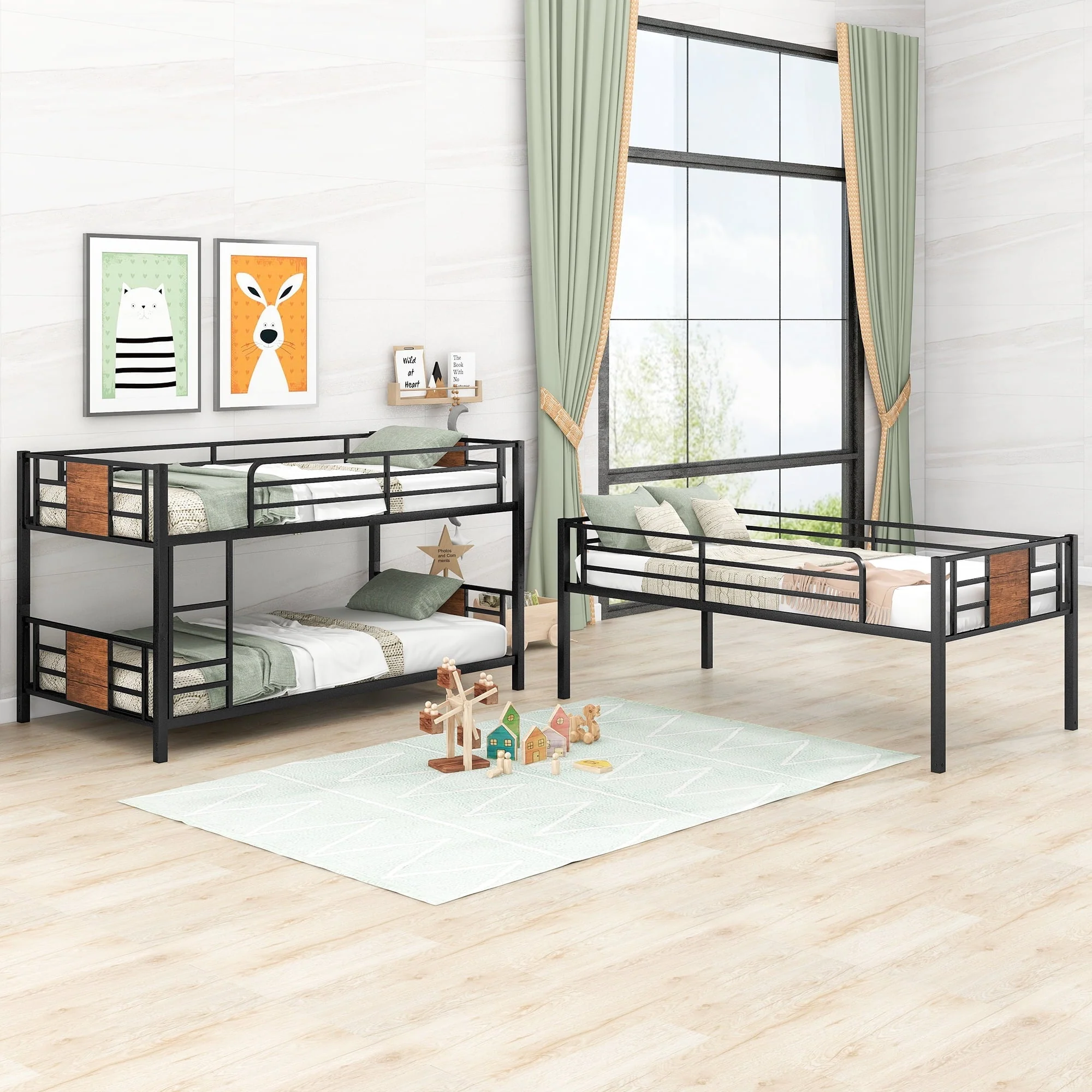 Euroco Metal Twin over Twin over Twin Bedroom Bunk Bed, Triple 3-in-1 Bed, Brown