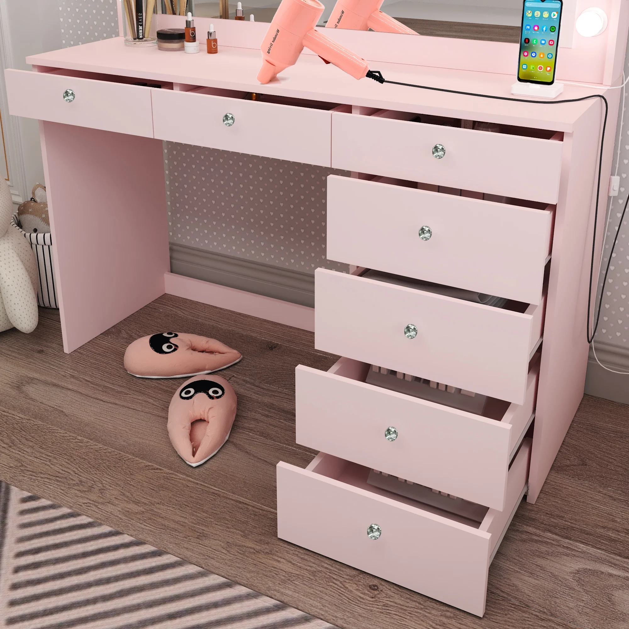 Boahaus GRWM Diana White Makeup Vanity with 7 Drawers, Mirror, Lights & Charging Station
