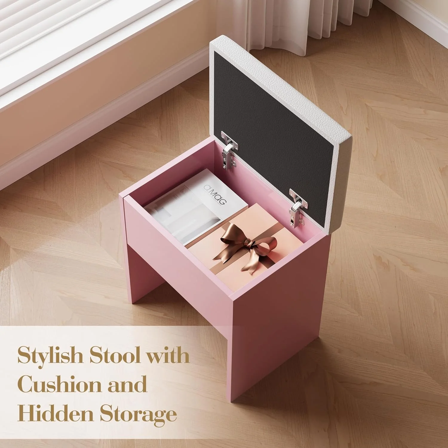 M optimized Vanity Desk with Mirror and Lights, Power Outlets Makeup Table with Drawers & Cabinet, Storage Stool, Dressing Table for Bedroom