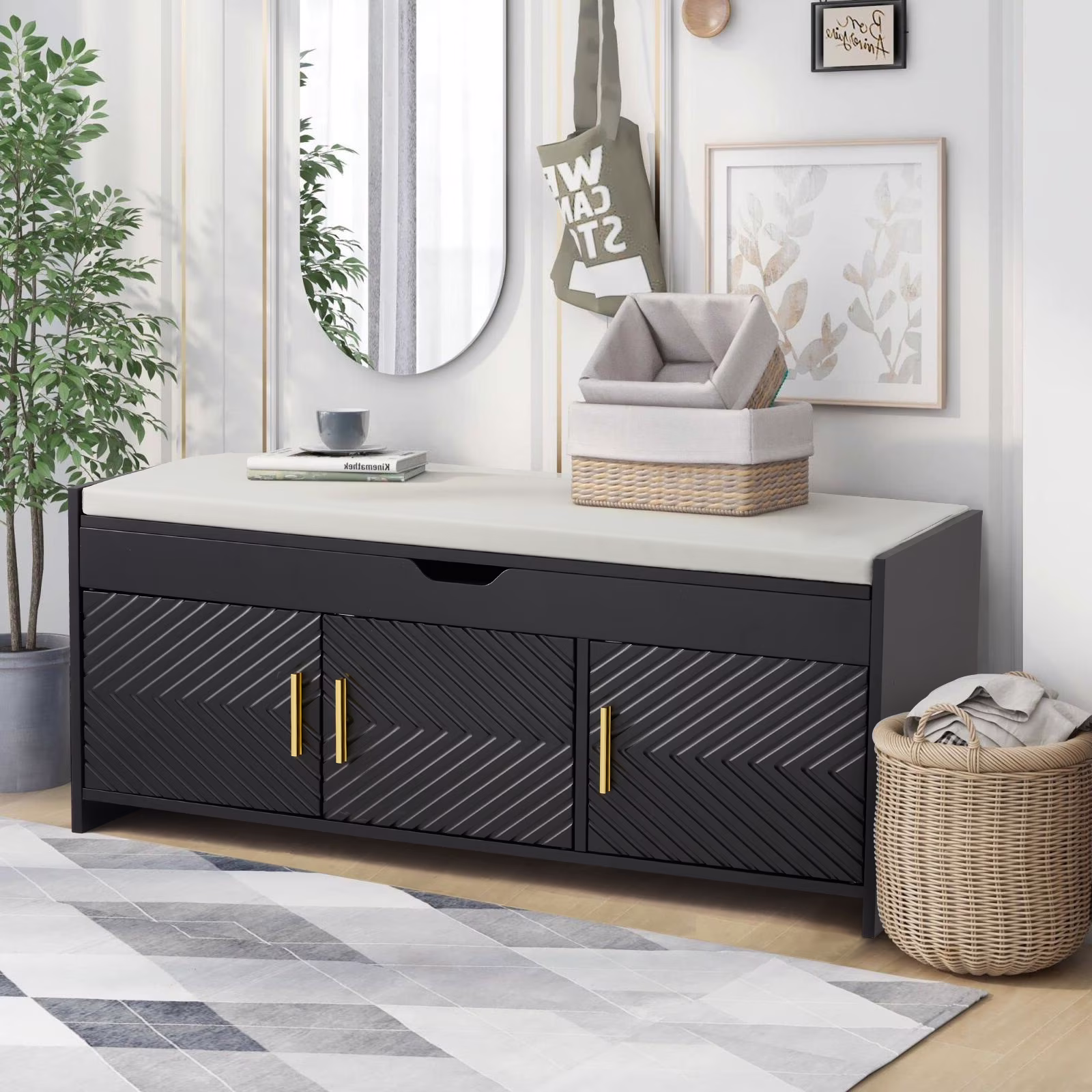 AVAWING Storage Bench, Shoe Bench with Lift Top Storage, Wooden Entryway Bench, Black