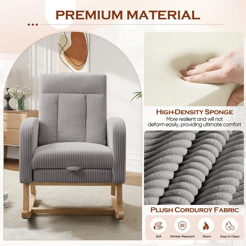 FFH Rocking Chair Nursery, Tufted Accent Rocker Chair, Upholstered Armchair with Adjustable Footrest, Side Pocket, High Backrest, Padded Seat, Polyester Blend (Retro, Dark Gray)