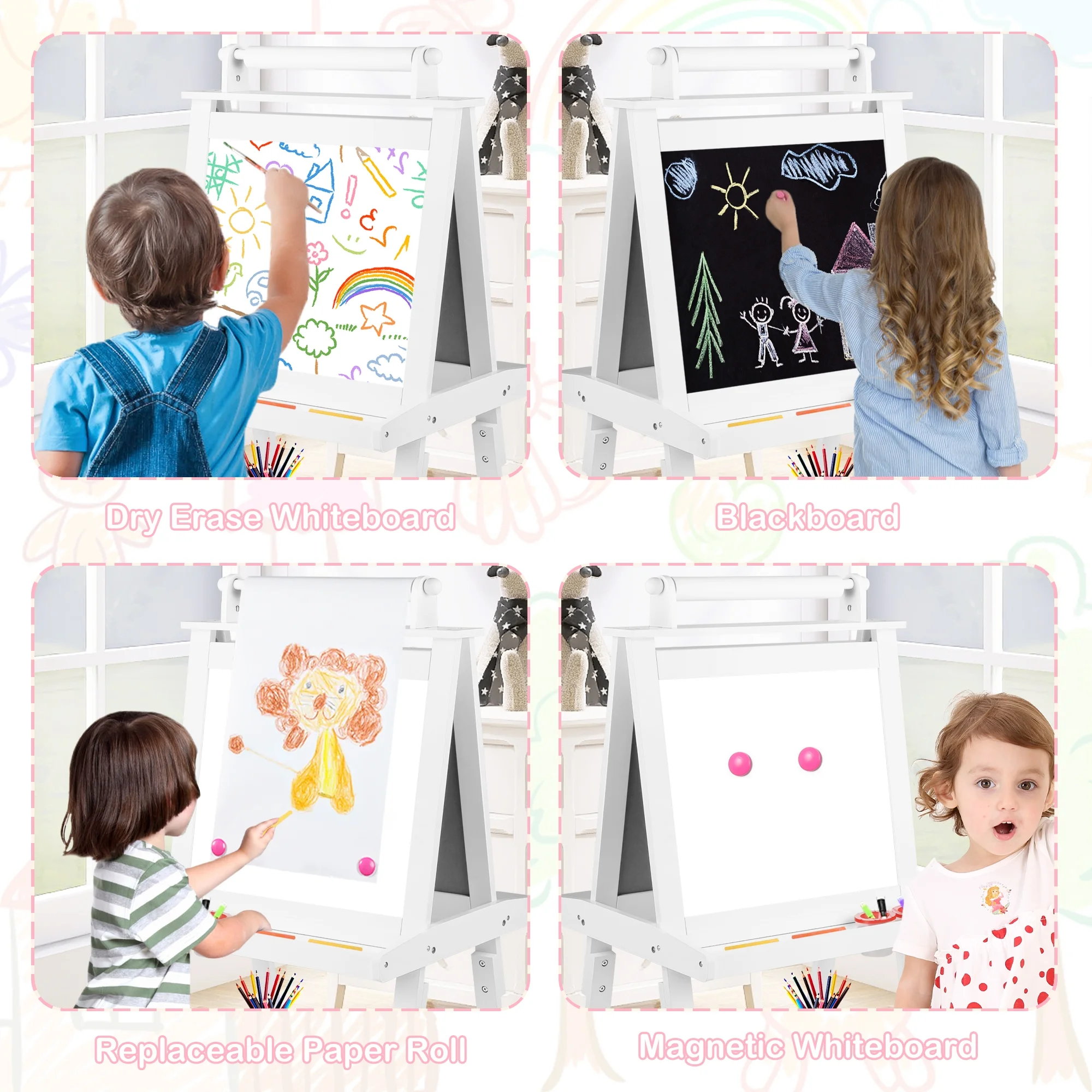 LINLUX 3 in 1 Art Easel for Kid, Whiteboard for Kid with Stand, Magnetic Chalkboard Pizarra, Grey