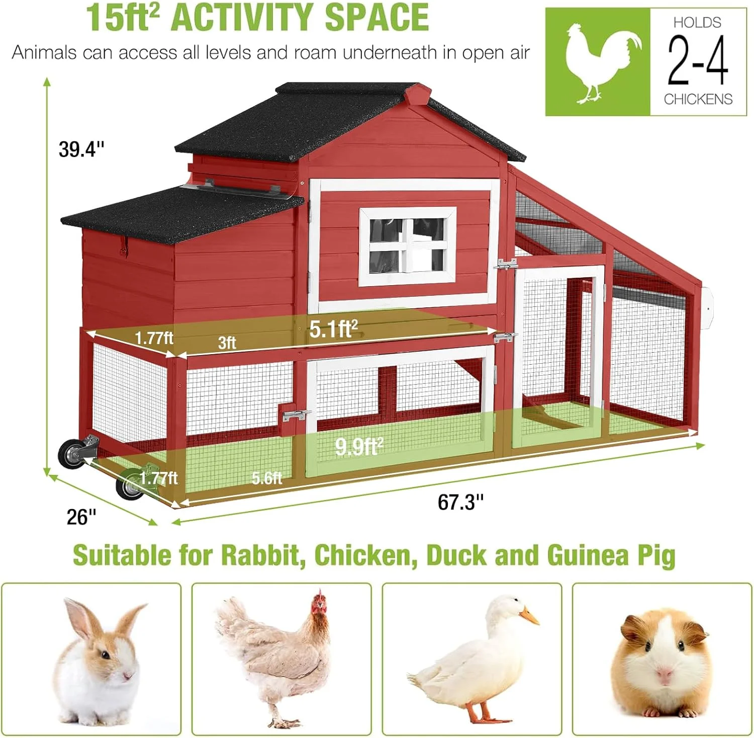 BUTINGLALE Chicken Coop Mobile Chicken House On Wheel Outdoor Rabbit Hutch for 2-4 Chickens 67