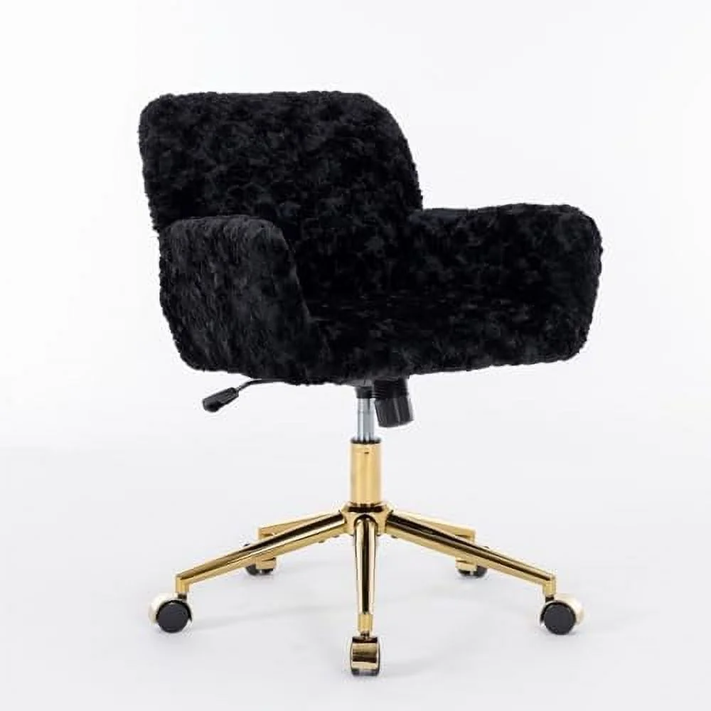 Fluffy Desk Chair,Height Adjustable Vanity Chair with Wheels,Comfortable Faux Fur Desk Chair with goldenn Base, Arm Chair for Bedroom,Living Room,Vanity,Office