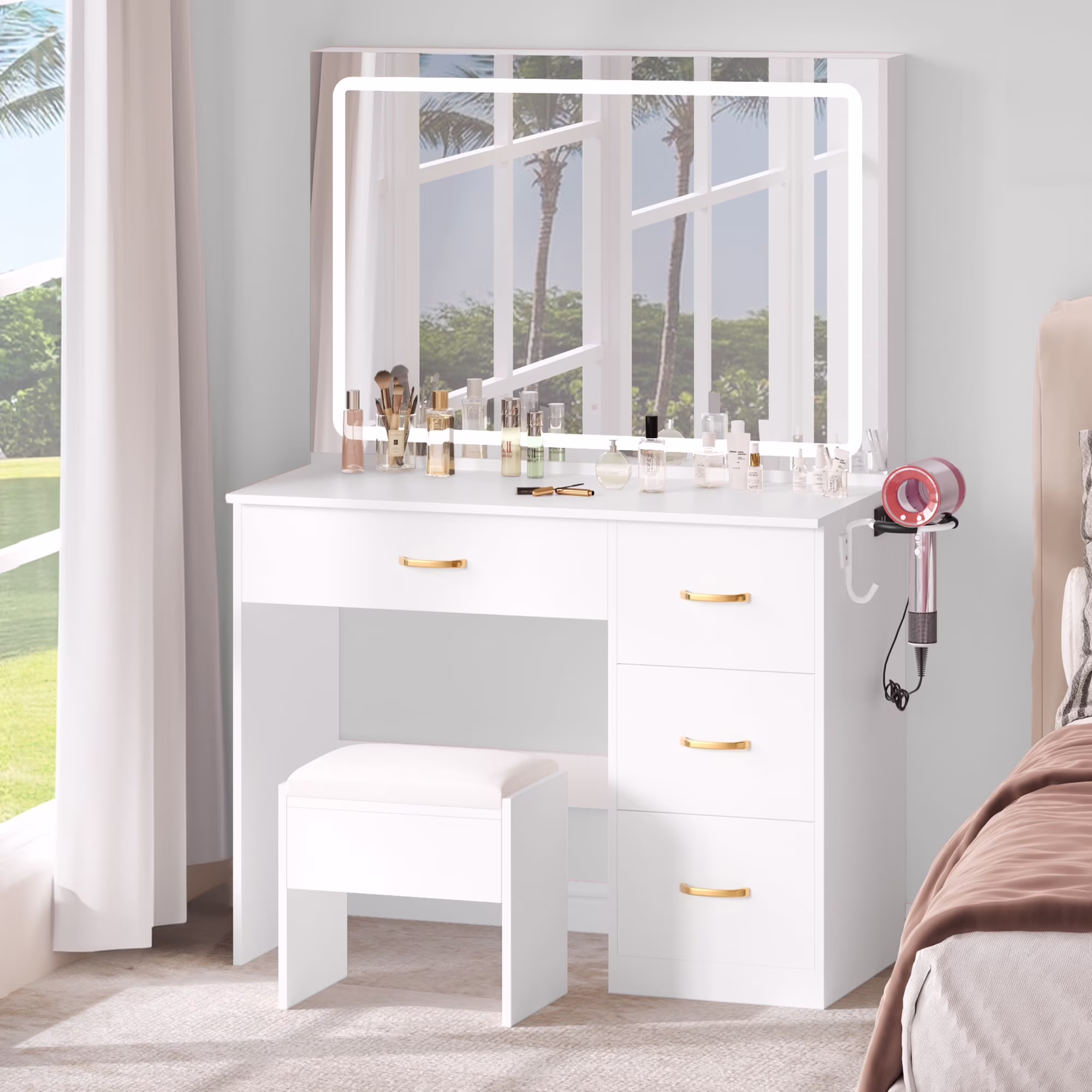 Dextrus Makeup Vanity Desk with Large Lighted Mirror and Storage - Enhance Your Beauty, Routine 4 Drawer Vanity Table with Cushioned Stool, Milky-White