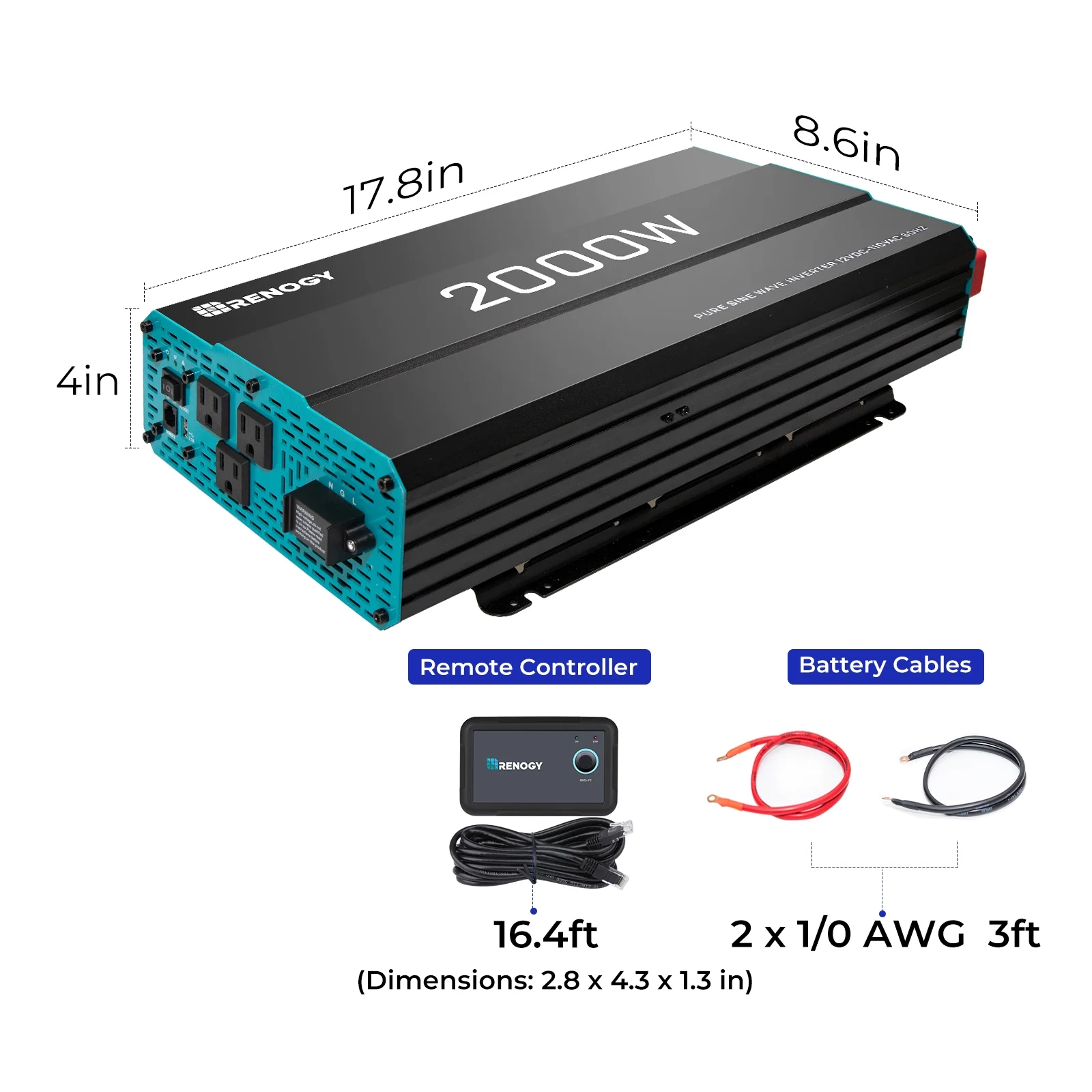 Renogy 2000W Pure Sine Wave Inverter, Power Inverter DC 12V to AC 120V, Built-in 5V/2.1A USB / Hardwire Port, Remote Controller