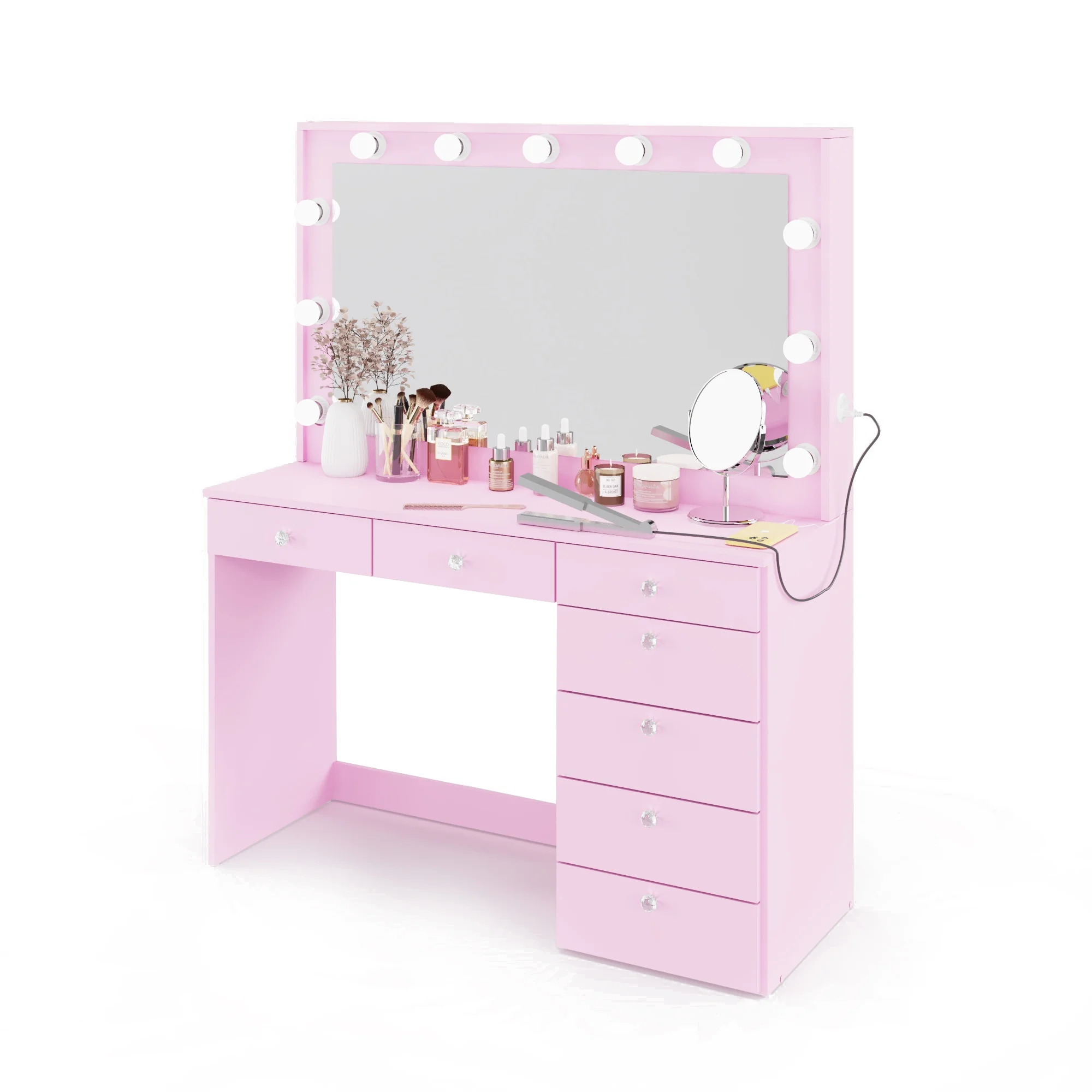 Boahaus GRWM Diana White Makeup Vanity with 7 Drawers, Mirror, Lights & Charging Station