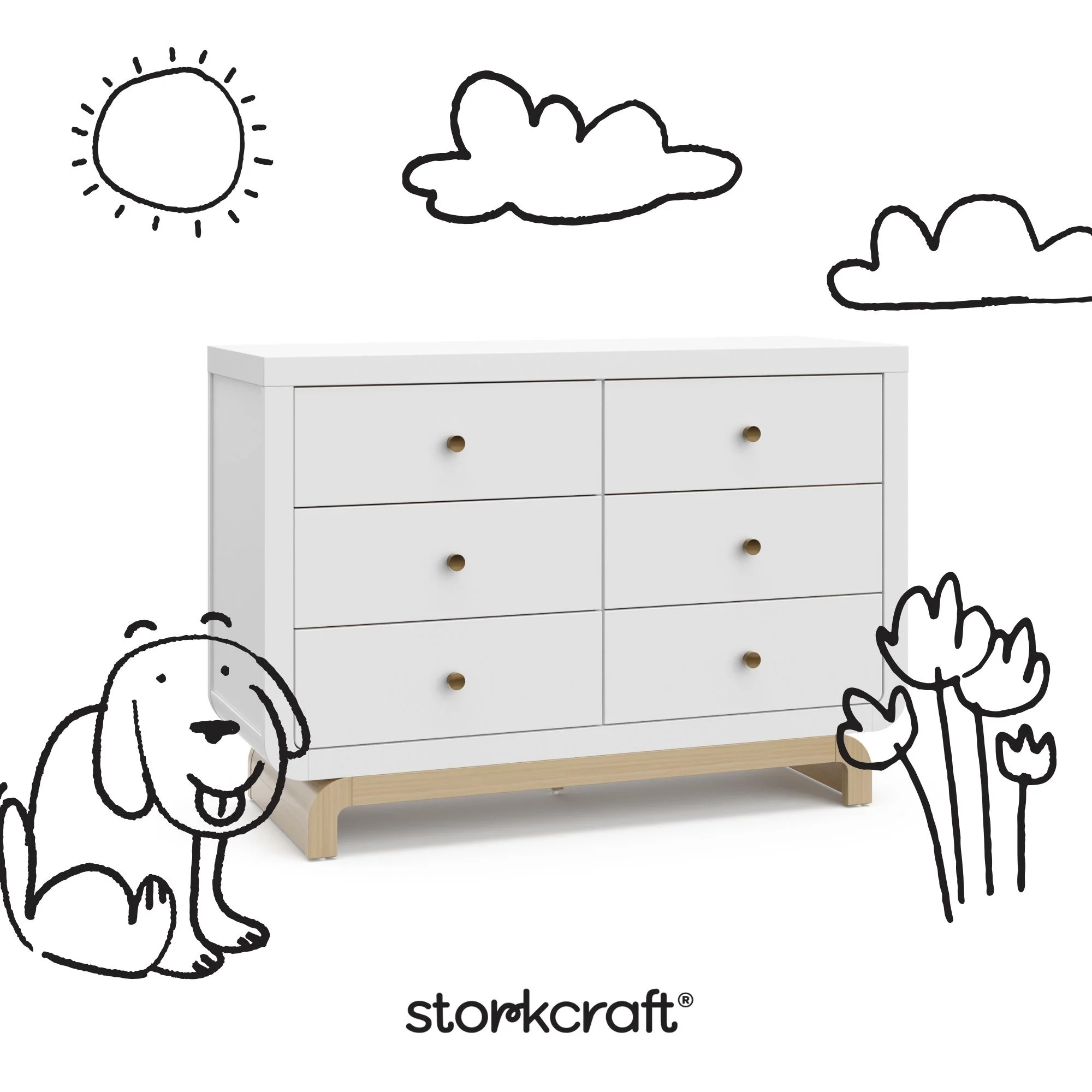 Storkcraft Santorini 6 Drawer Double Dresser, White/Driftwood