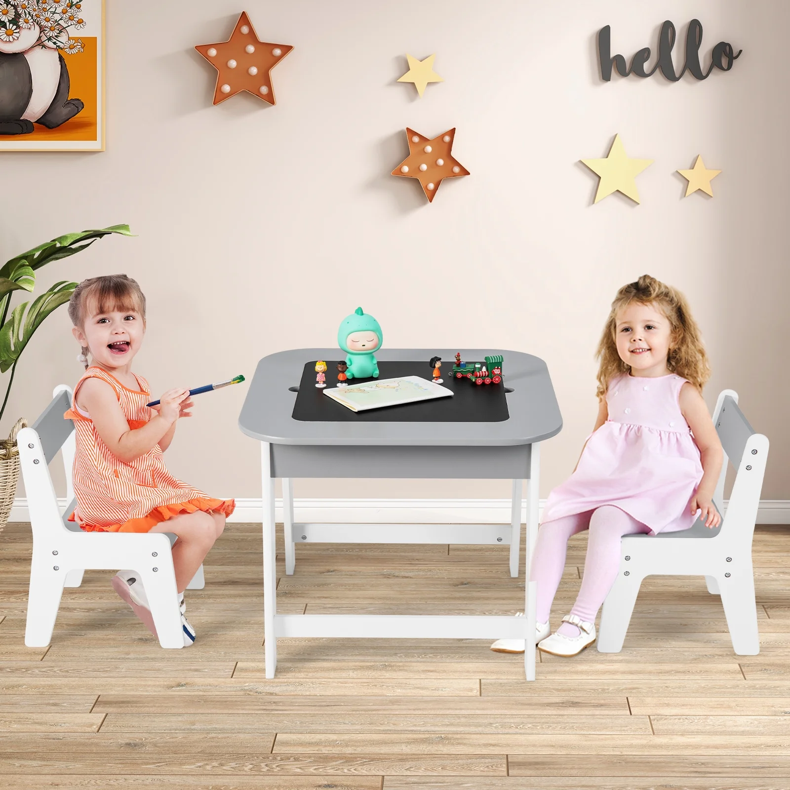 OLAKIDS Kids Table and Chair Set, 3 in 1 Wooden Activity Table with Removable Tabletop, Blackboard and Whiteboard for Toddlers Arts Crafts Drawing Reading Playing, Playroom Nursery (Natural)