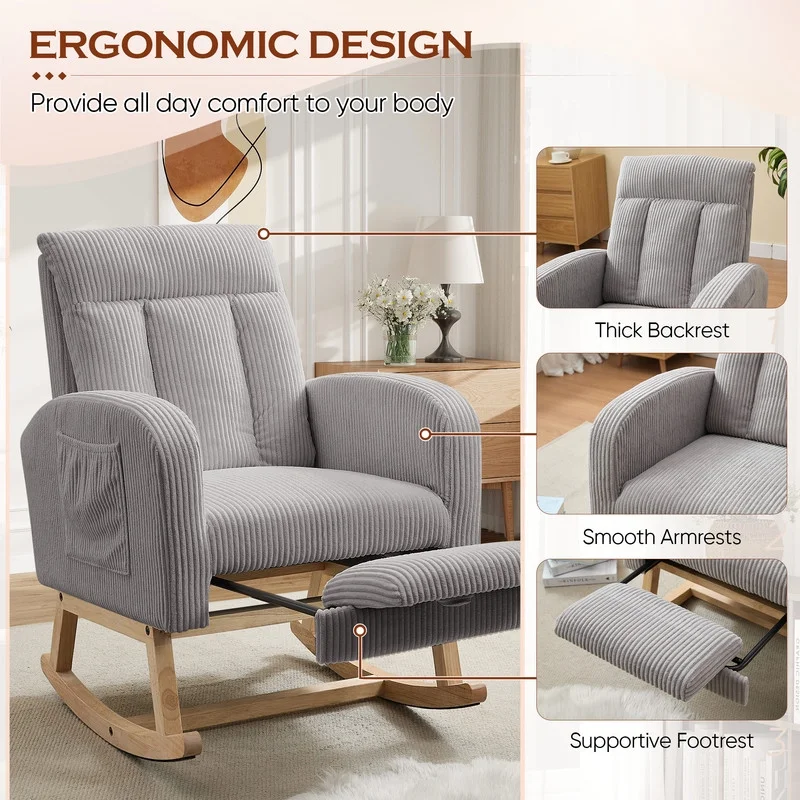 FFH Rocking Chair Nursery, Tufted Accent Rocker Chair, Upholstered Armchair with Adjustable Footrest, Side Pocket, High Backrest, Padded Seat, Polyester Blend (Retro, Dark Gray)