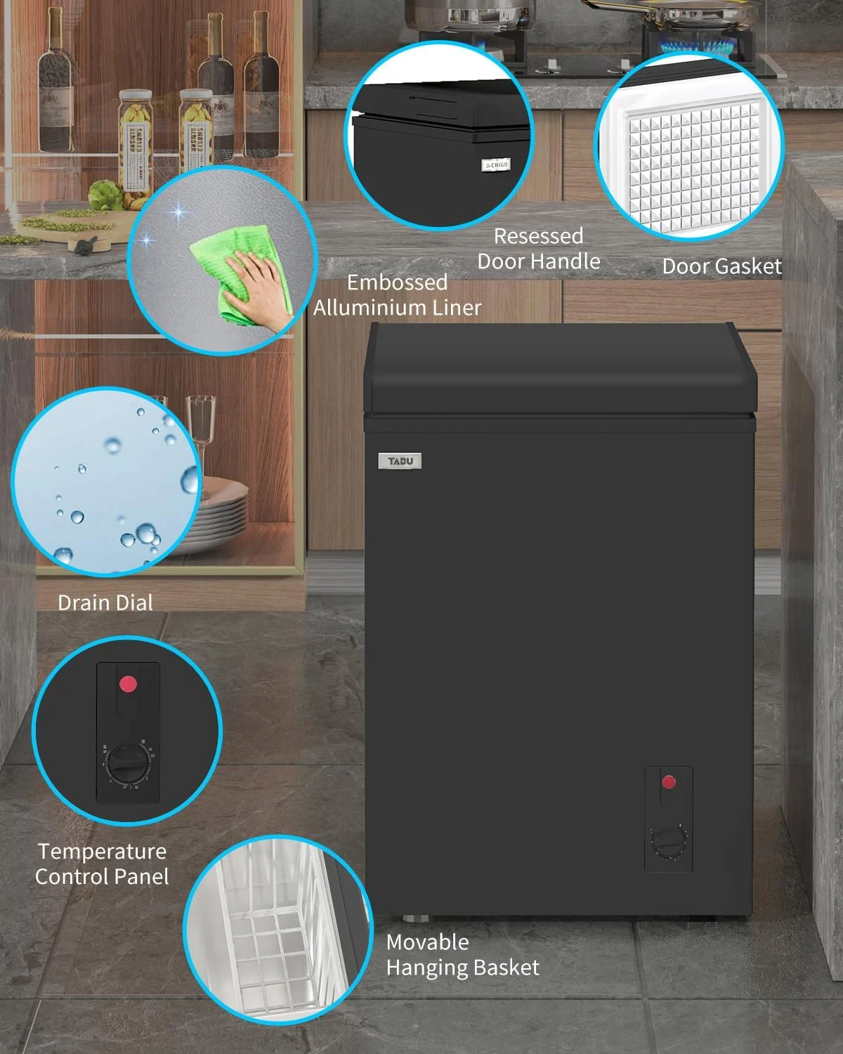 TABU 3.5 Cu ft Chest Freezer,Deep Freezer with Top Open Door and Removable Storage Basket, (Black)