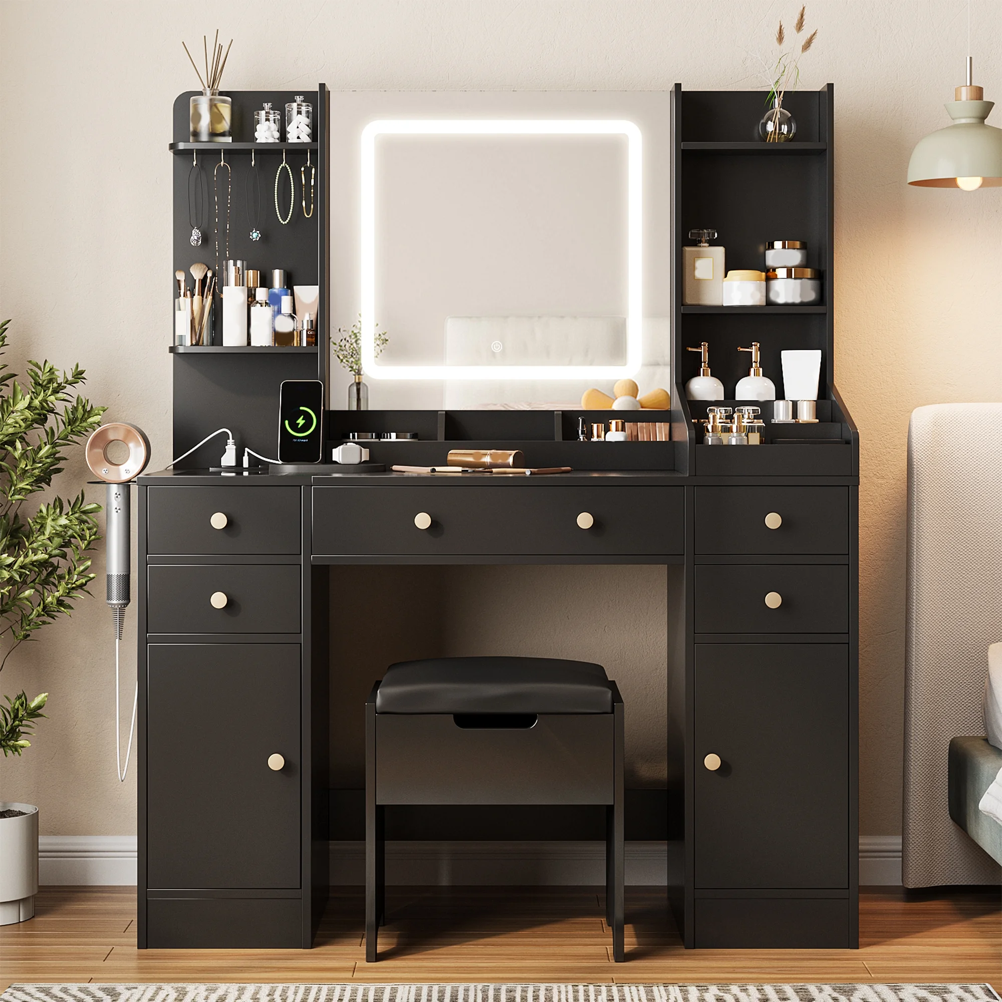 Vanity Set with Mirror and Lights, Makeup Table with Charging Station,5 Drawers & Storage Shelves, White