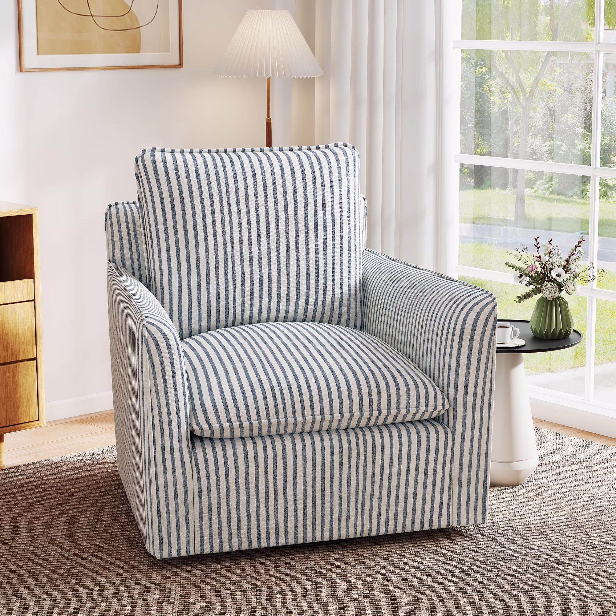 Bonzy Home 360�� Swivel Chair with Thick Cushion �C Blue Stripe Fabric Accent Chair for Living Room, Bedroom, Office �C Fully Assembled