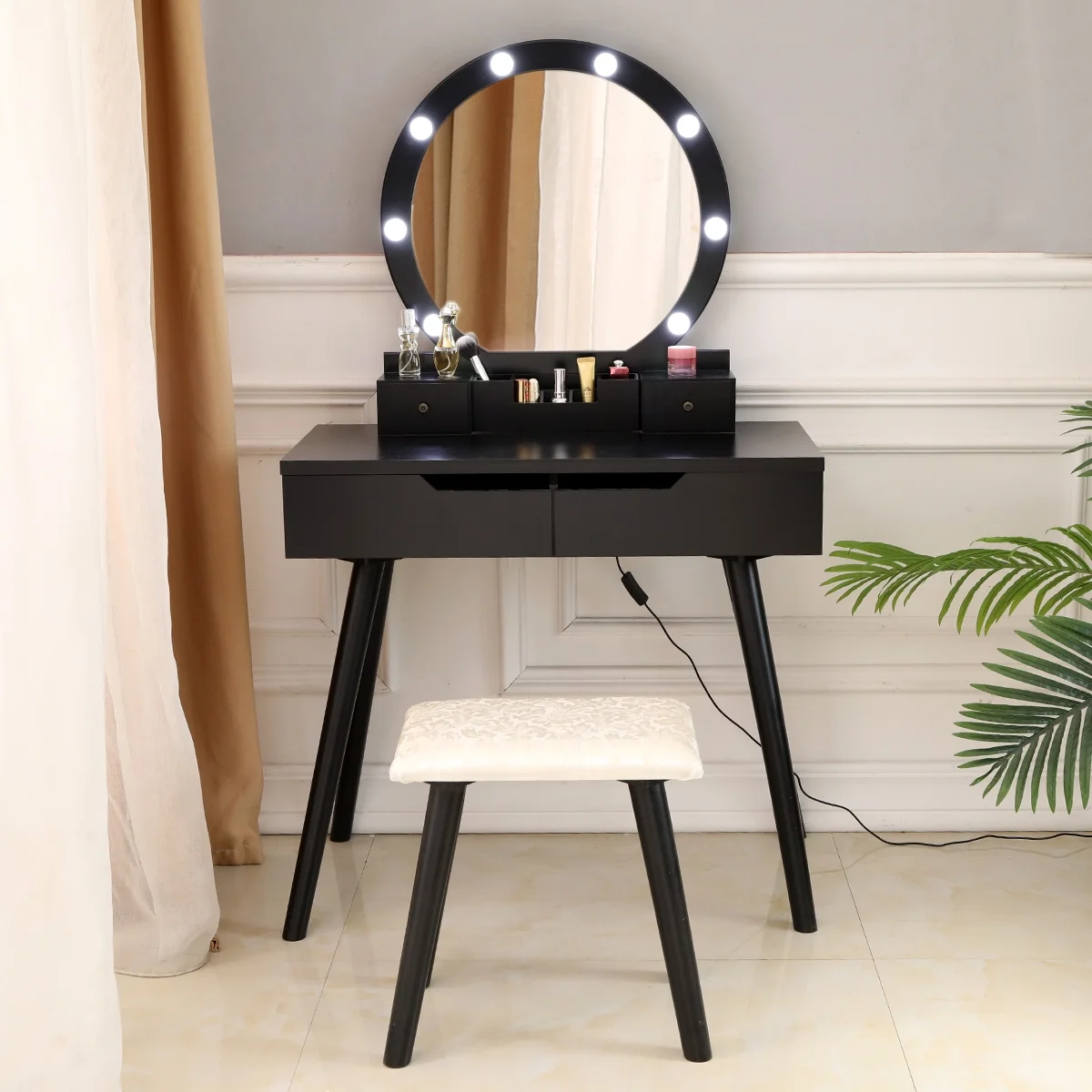 Ktaxon Vanity Set with Round Lighted Mirror, Makeup Dressing Table with 8 Light Bulbs & Cushioned Stool Set,Bedroom Vanities Set Black